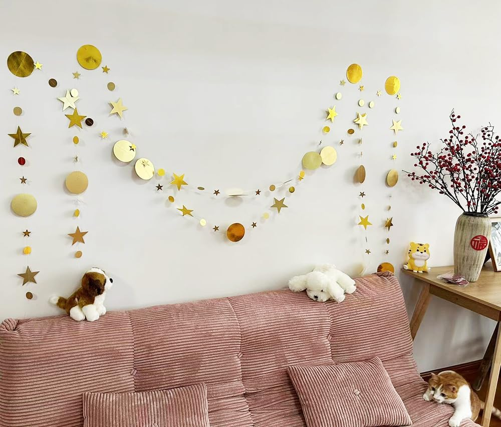 （48Pcs 156Inch） * 3 String Twinkle Little Star Party Garlands Glitter Hanging Moon Stars Decorations Banner Backdrop Decor for Ramadan Wedding Xmas Birthday EID Graduation (Gold) image number 4