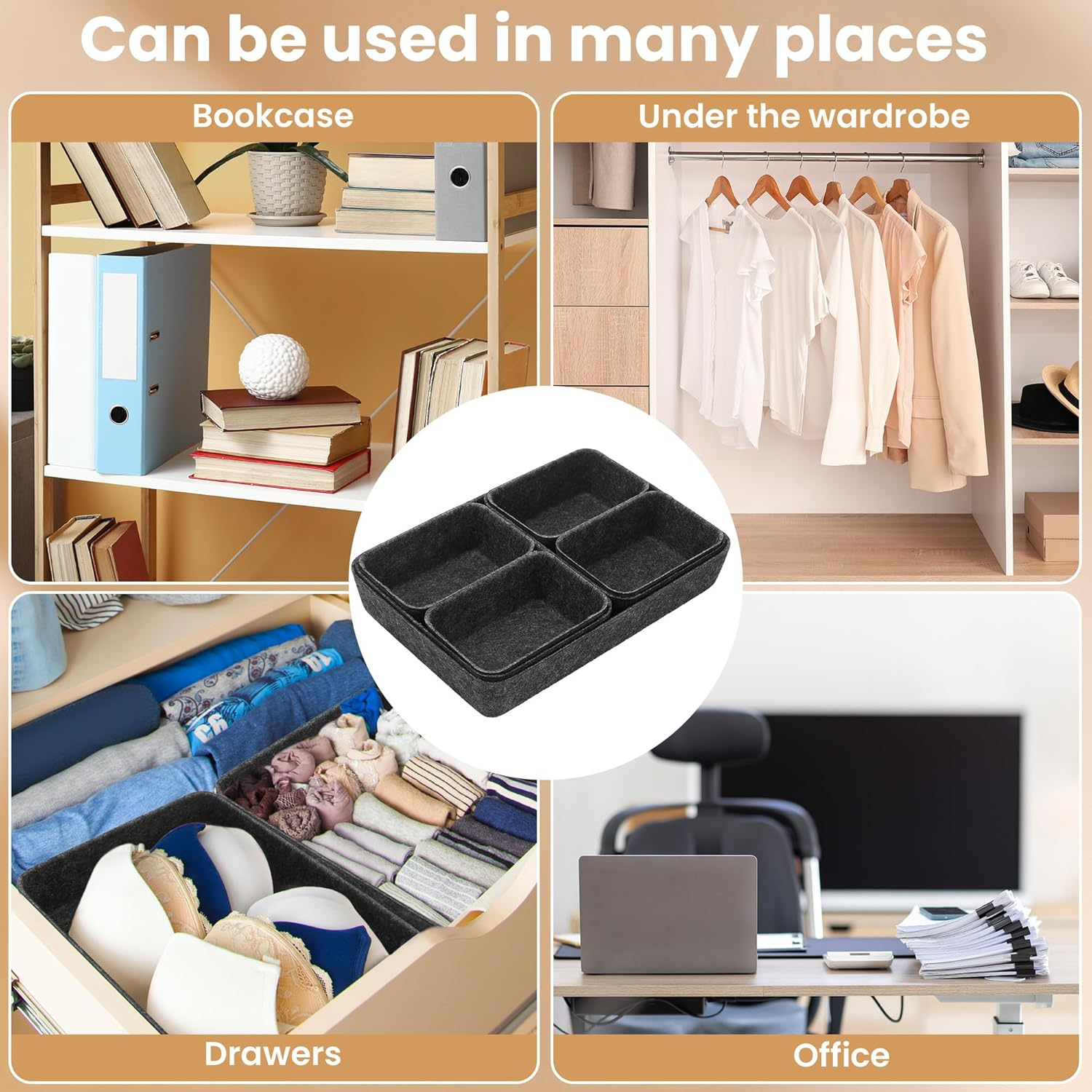 Hejo Set of 7 Felt Drawer Organiser, Drawer Organiser System, Thickened Drawer Insert, Felt Storage Box, Flexible Felt Box for Bedroom, Office, Changing Table (Dark Grey) image number 2