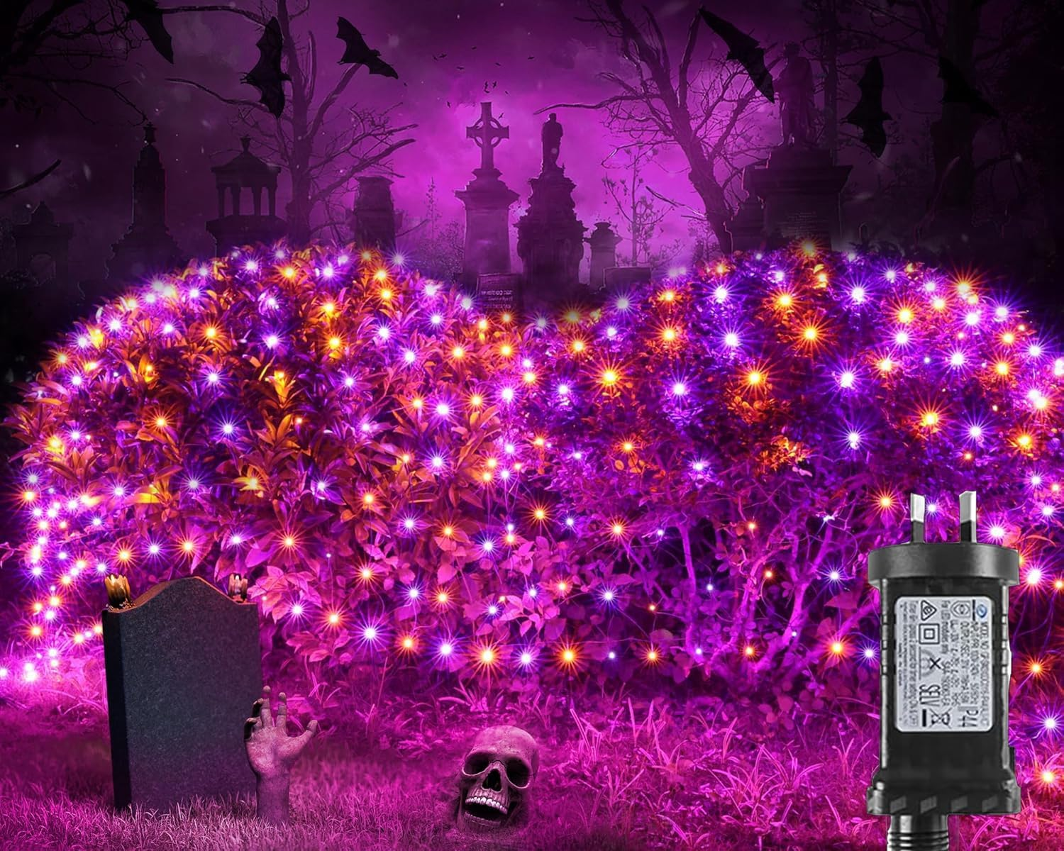 200LED Halloween Net Lights Outdoor, 3 * 2M Mesh Light Halloween Light 8 Modes Timer Connectable Waterproof Orange Purple Bush Light for Halloween Outdoor Decorations image number 6