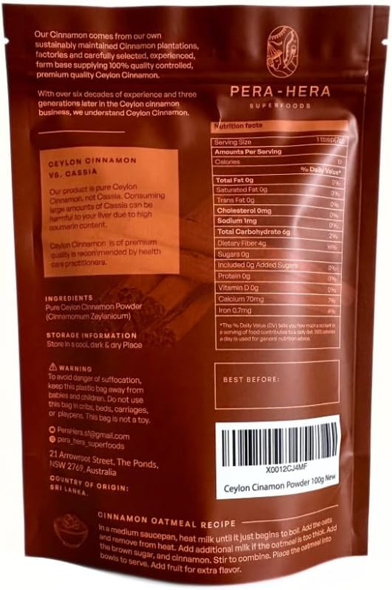 Ceylon Cinnamon Powder &ndash; 100G | True Cinnamon from Sri Lanka | 100% Pure & Natural | Non-Gmo, Gluten-Free, No Additives | Premium Grade by Pera-Hera SUPERFOODS