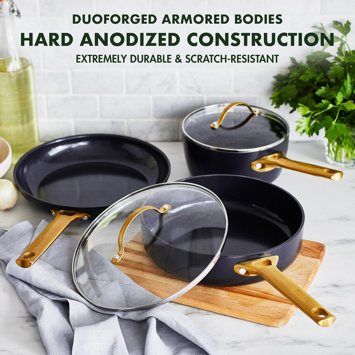 Greenpan Reserve Hard Anodized Healthy Ceramic Nonstick 5 Piece Cookware Pots and Pans Set, Gold Handle, Pfas-Free, Dishwasher Safe, Oven Safe, Black image number 6