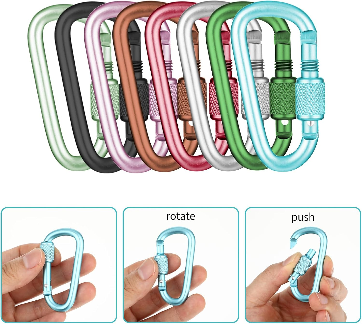 8 Pcs Carabiner Clip, D-Ring Locking Carabiner Clip, Snap Hook Sport Accessories for Outdoor Camping Hiking Keychain Dog Leash image number 3