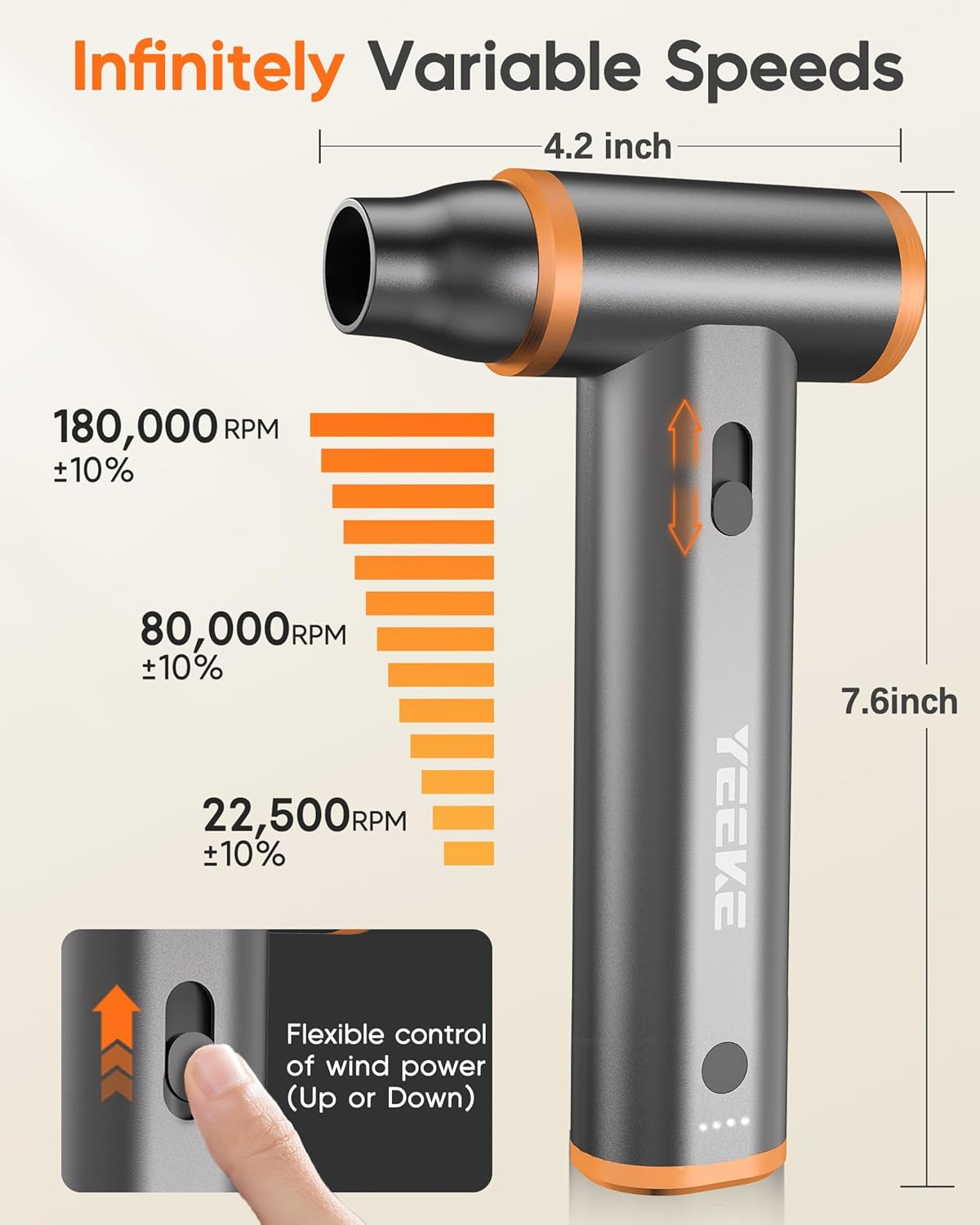 Yeeke Compressed Air Duster - Aluminum Alloy, Air Blower 180000 RPM Super Power 8000Mah & Cordless Variable Speed Control, Electric Air Duster for PC, Car, Electronics, Outdoor & Home Cleaning image number 5