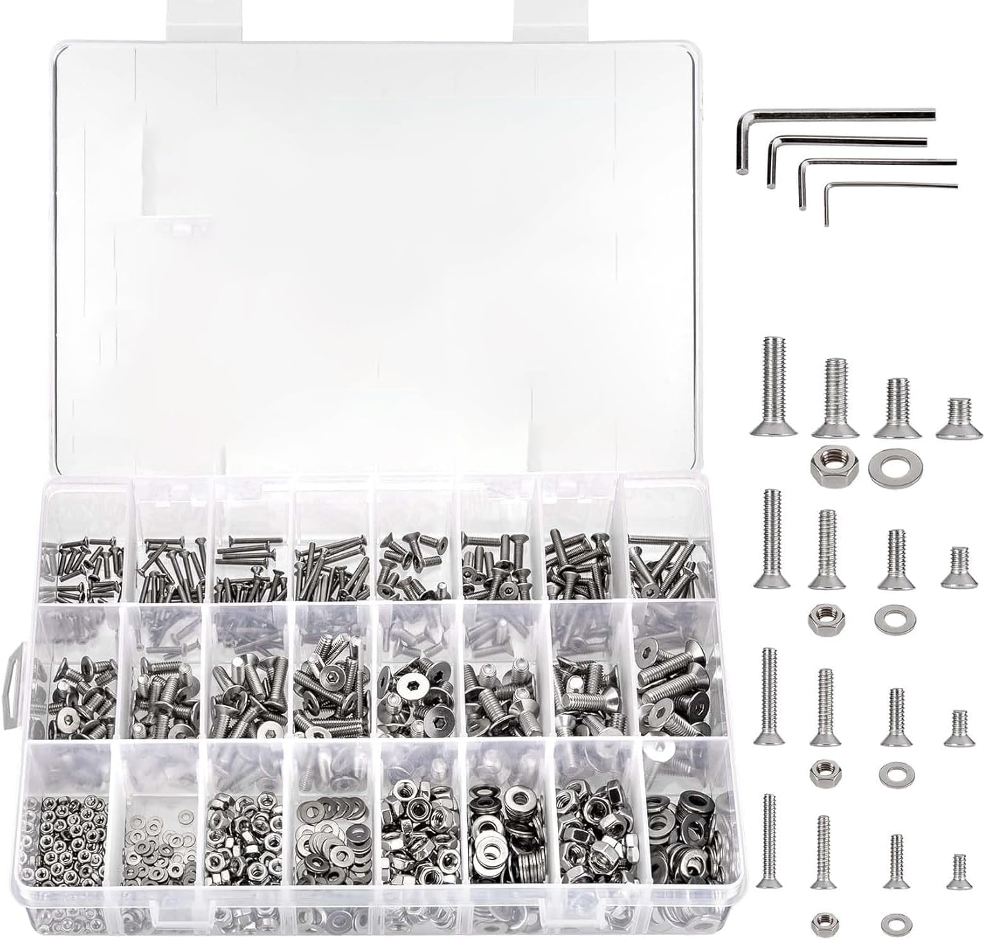 Cseao 940 Pieces M2 M3 M4 M5 Countersunk Head Socket Cap Metric Screws Bolts Washers Nuts Hardware Assortment Kit with Hex Wrenches, 304 Stainless Steel, DIN7991