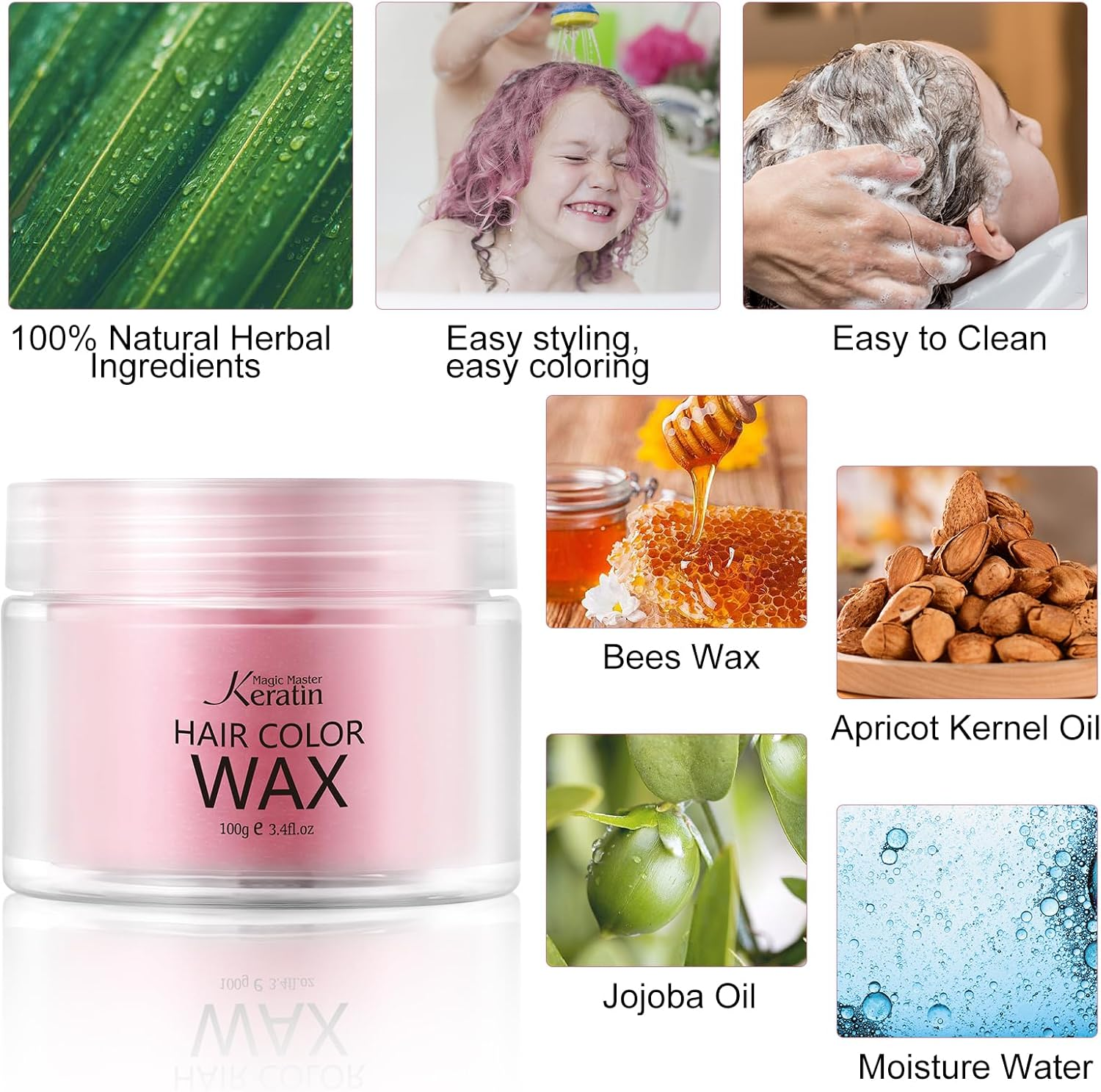 Temporary Hair Color for Kids, Magic Master Keratin Hair Wax Color Dye for Dark Hair Instant Colored Hair Gel Hairstyle Wax Cream Mud Pomade 3.4 Oz Girl Gifts, Party, Cosplay & Halloween (Marshmallow Pink) image number 3