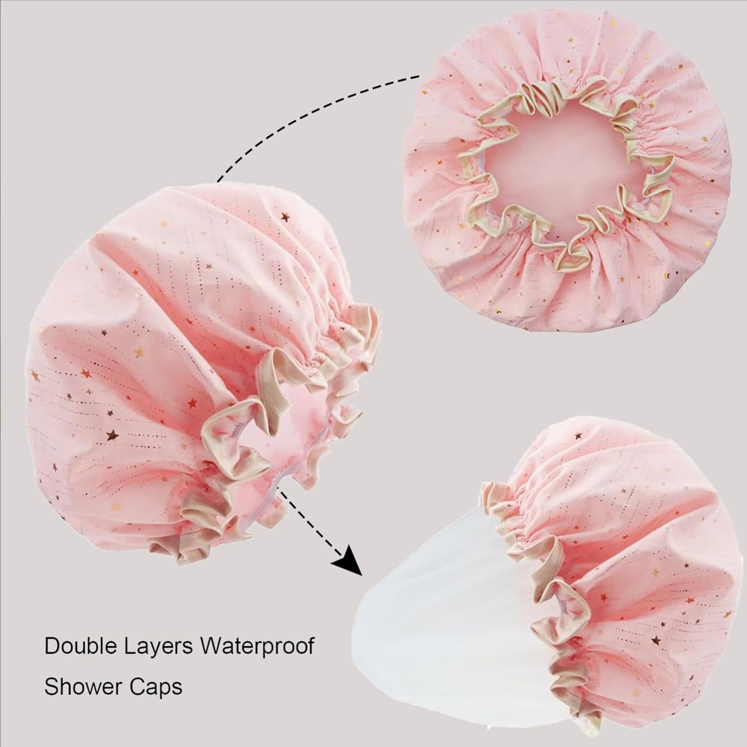 Shower Cap for Women,Elastic Double Layer Shower Caps,Reusable and Waterproof Bath Cap,Bath Hat for Women Long, Short and Curly Hairs image number 6