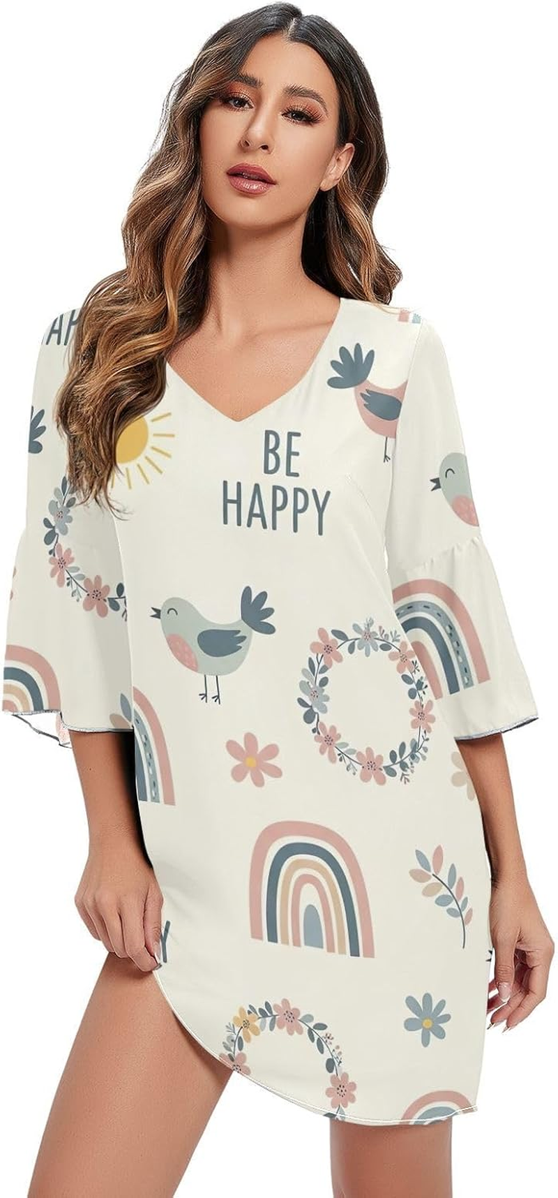 Cyte Cartoon Rainbows Beige Ladies Chiffon Dress Printed Line Maternity Dress image number 3