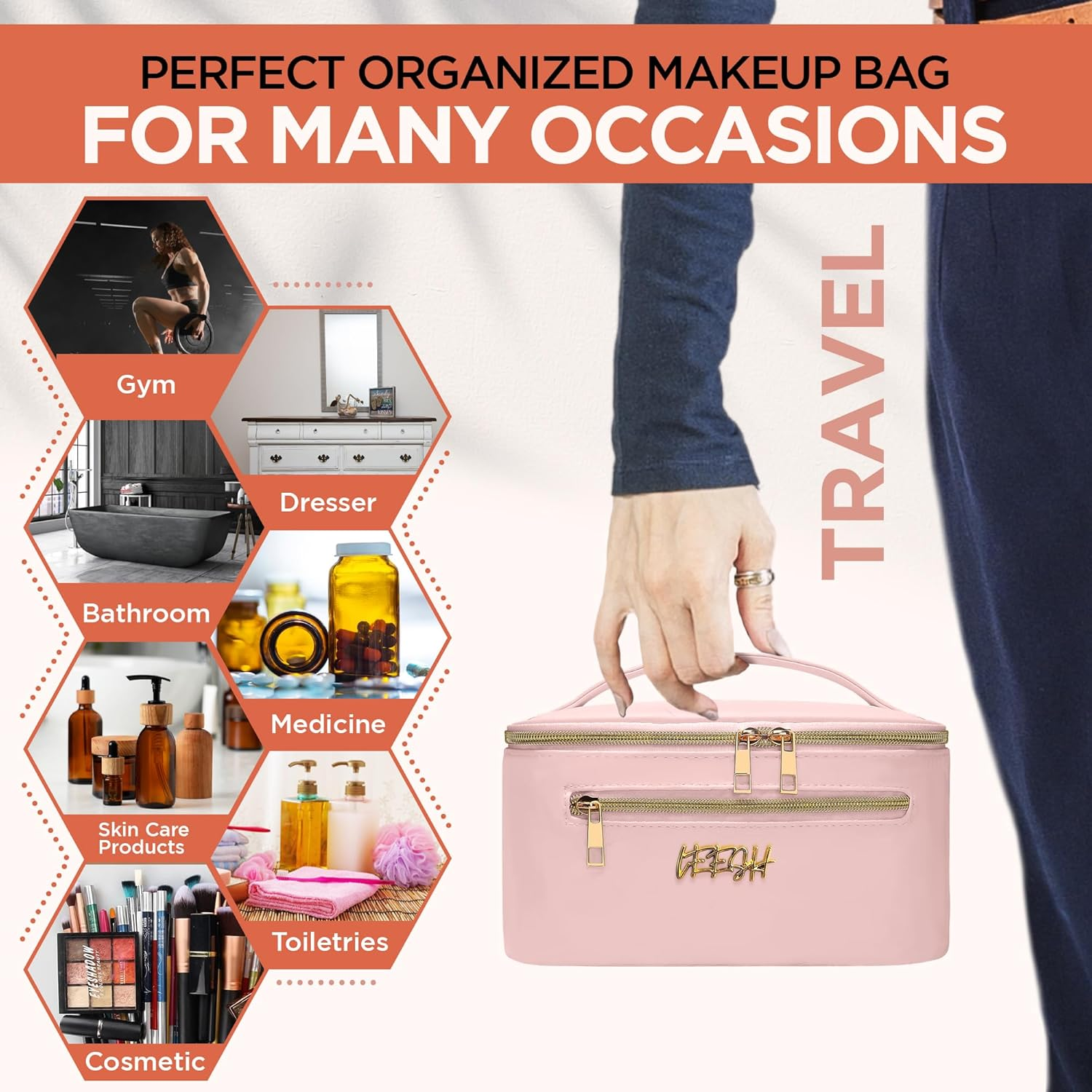 Leesh & CO Makeup Bag - Large Travel Cosmetic Organizer with Brush Holders for Women - Eco-Friendly Vegan Leather, Waterproof & Durable Cosmetics Bag - Perfect for Toiletries, Beauty Products (Pink) image number 6