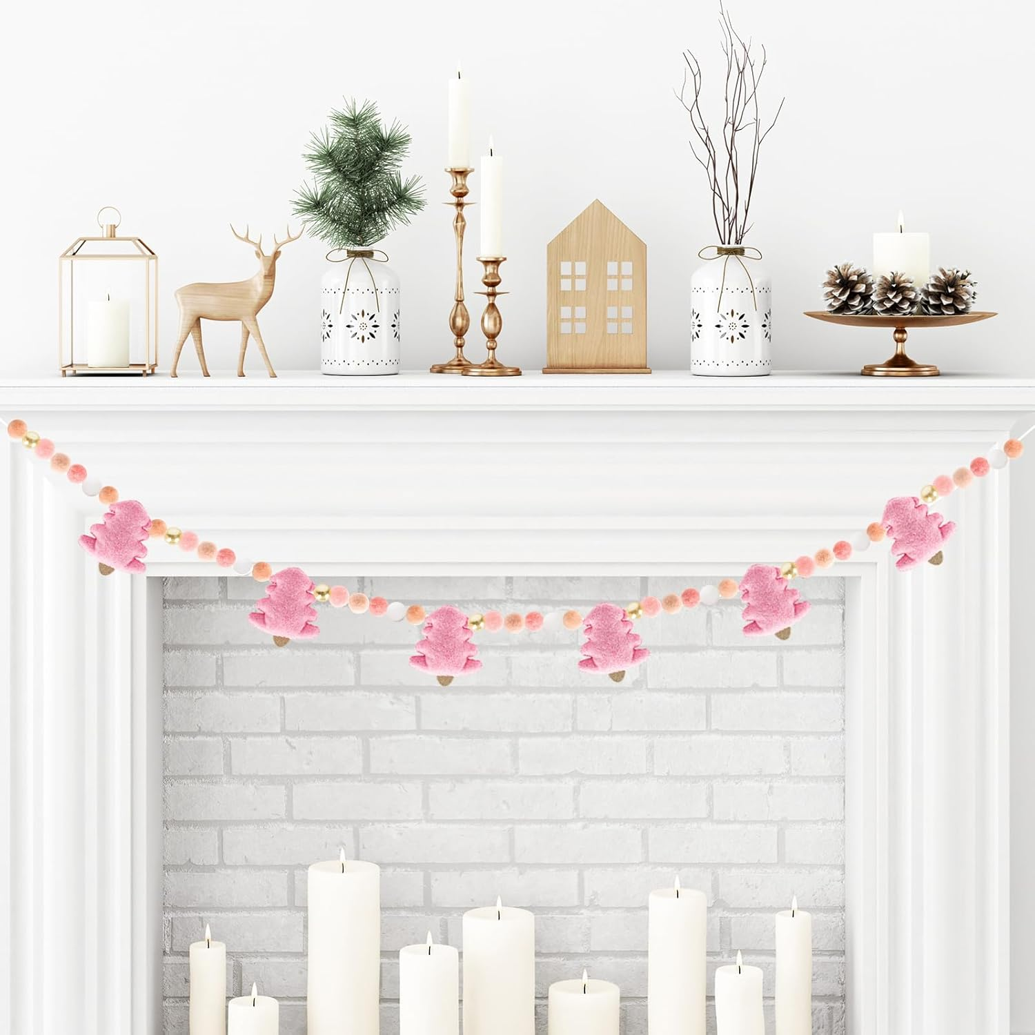 Whaline Christmas Felt Garland 3D Pink Xmas Tree Pom Ball Banner Holiday Decorative Hanging Bunting Garland for Home Mantel Fireplace Window Wall Decor image number 5