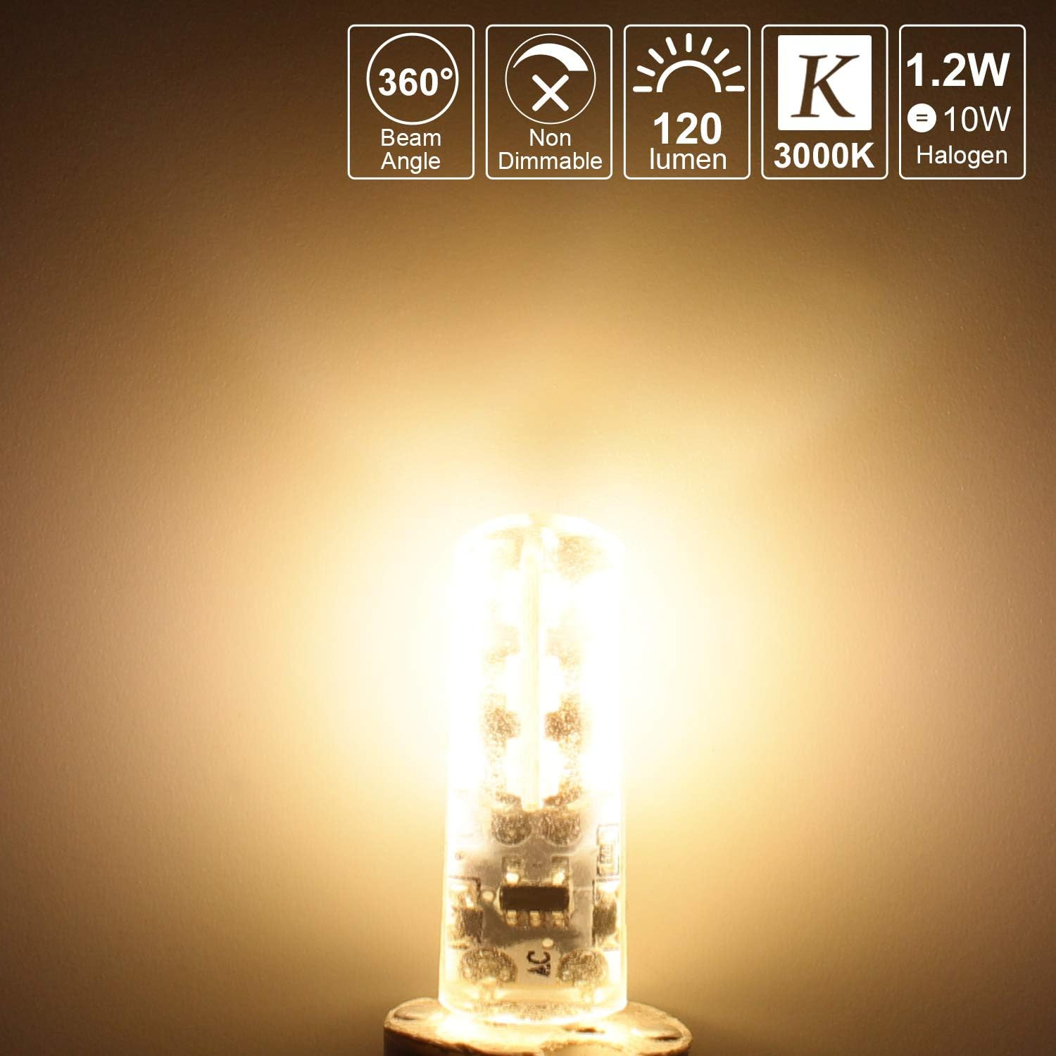 Dicuno G4 LED Light Bulbs, 1.2W (10W Halogen Equivalent), 120LM, Warm White (3000K), 12V, Non-Dimmable G4 Bulbs for Home Lighting, 10-Pack - Warm White image number 6
