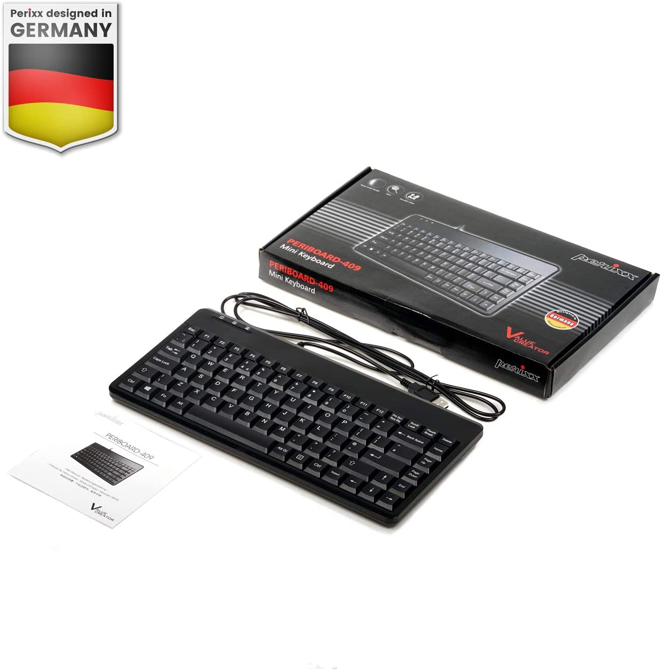 Perixx PERIBOARD-409H Wired USB Mini Keyboard with 2 USB Hubs, Black, US English Layout image number 1