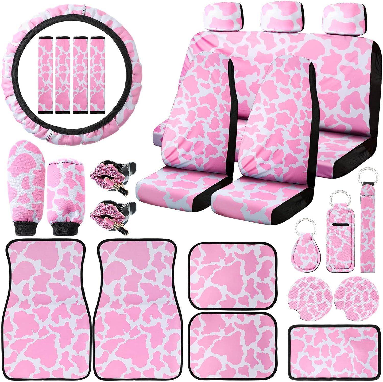 Frienda 26 Pcs Pink Cow Print Car Accessories - Cow Pattern Seat Covers Full Set, Cute Steering Wheel Cover, Floor Mats, Center Console Pad, Cup Holders, Seat Belt Pads for Women Car Interior Decor image number 1