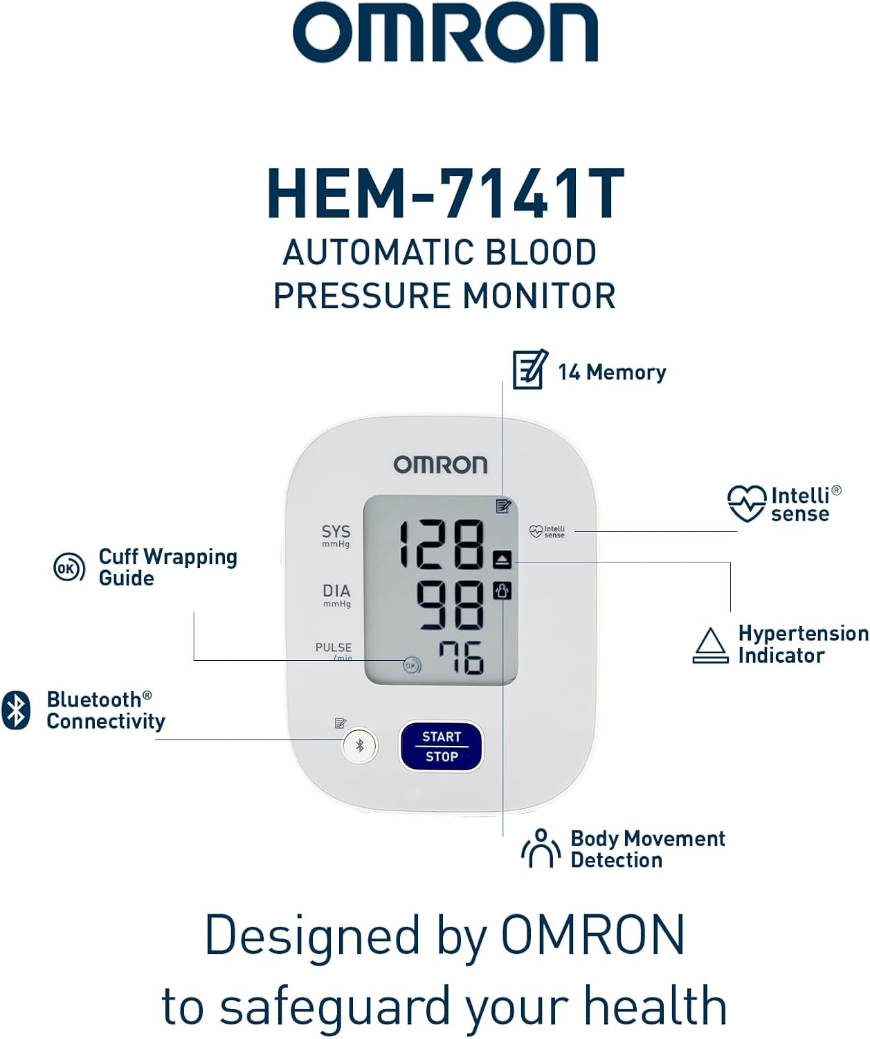 OMRON HEM7141T1 Bluetooth Blood Pressure Monitor &ndash; Clinically Validated, Intellisense Technology, Hypertension Indicator, One-Touch Operation, 14 Memory, 3+3 Warranty image number 2