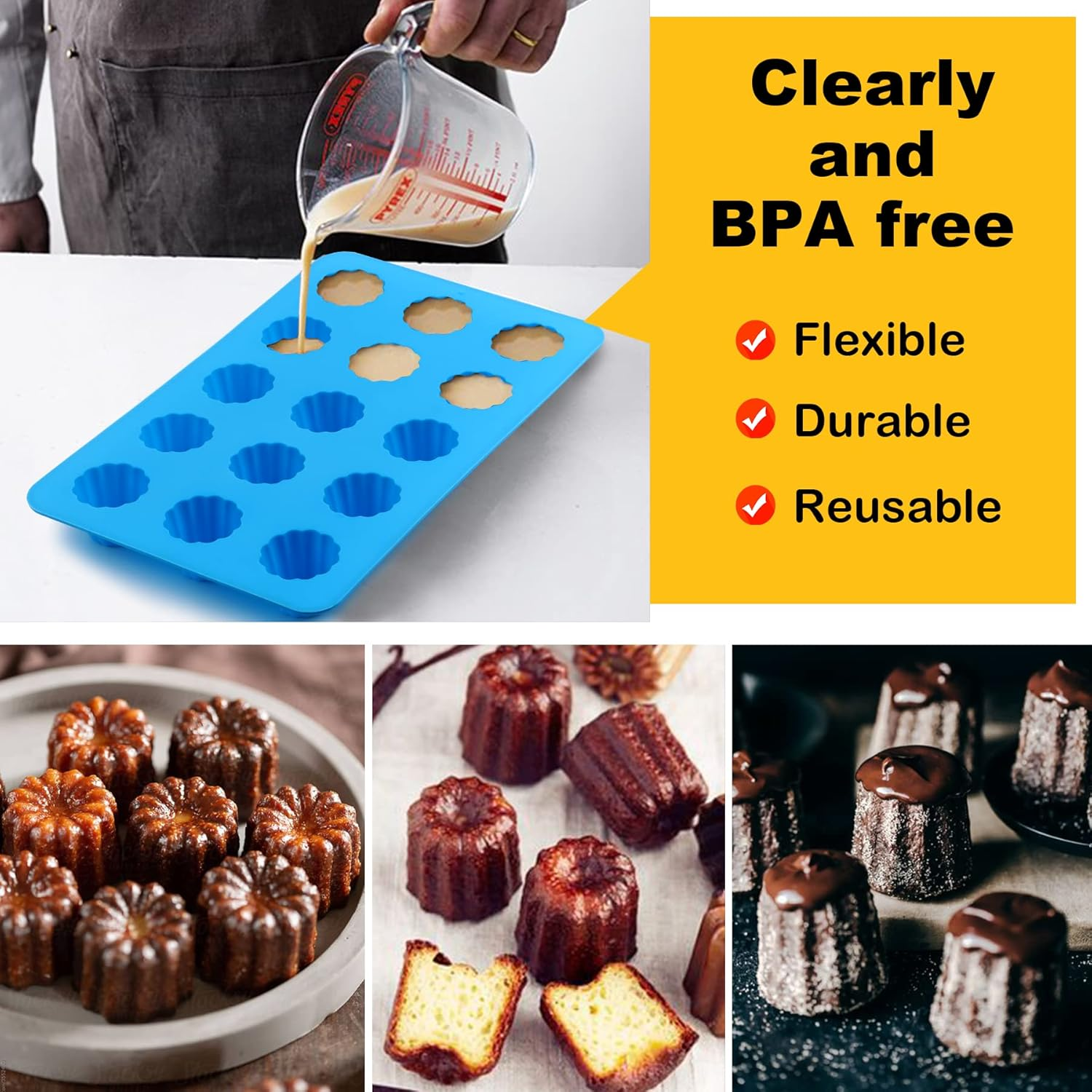 Sidosir 2Pcs Canele Mold Silicone, 15-Cavity Mini Nonstick Canele Silicone Baking Cake Pan for Bread Muffin (15-Cavity) image number 5