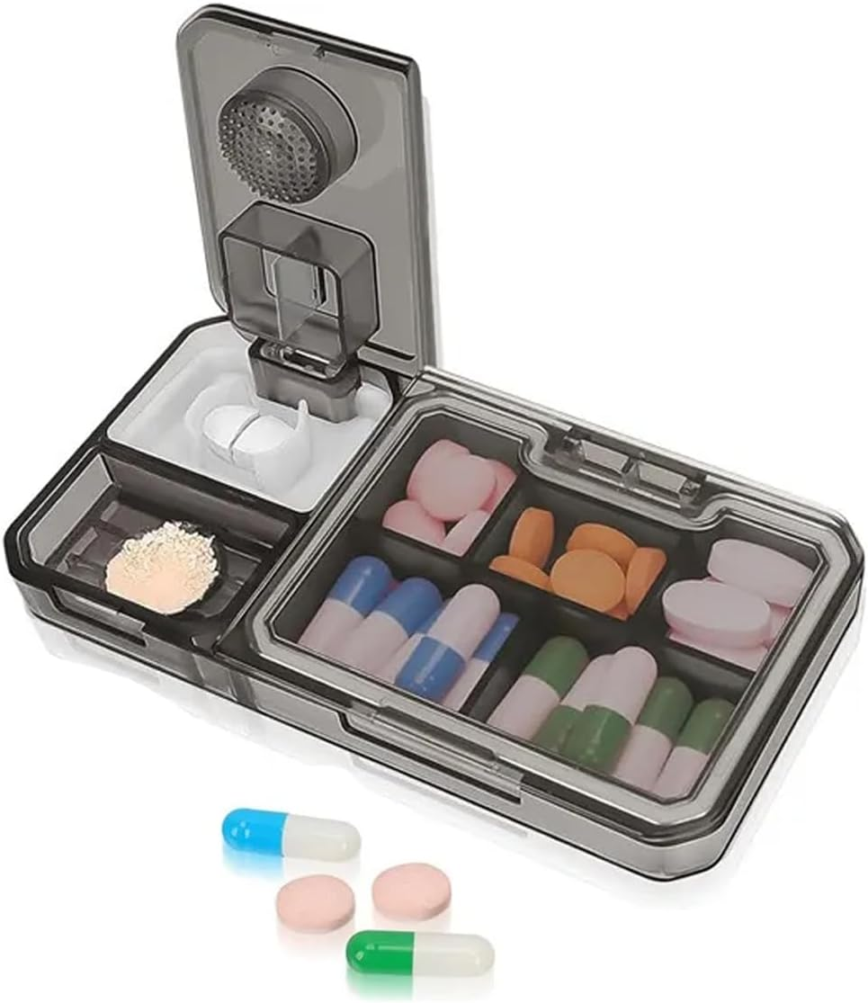 Travel Medicine Pill Organizer with Cutter Crusher, Large Capacity 5 Compartment Pill Crusher Pill Box,Hold Vitamins Medication Supplements image number 5