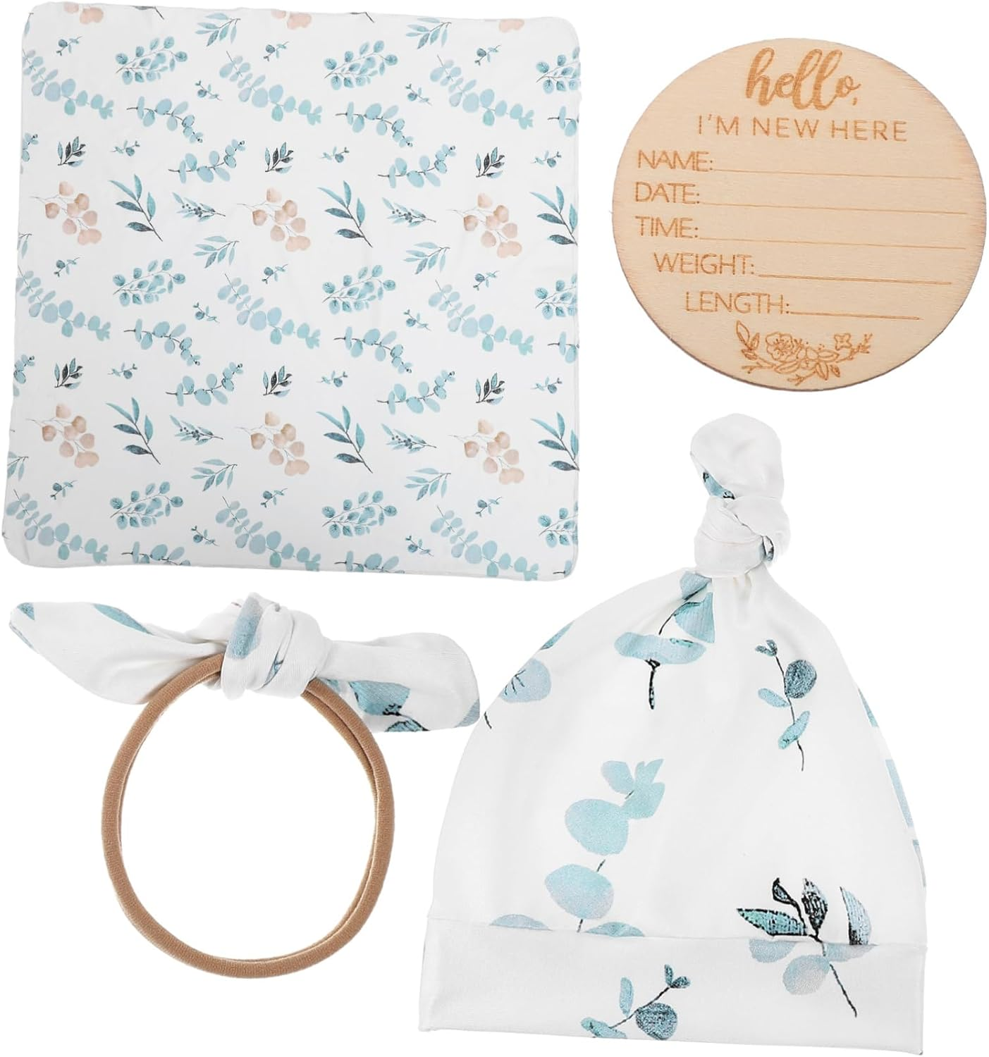 Newborn Swaddle Blanket with Hat Headband Soft Polyester Boy Girl Receiving Blanket with Name Sign Eucalyptus Leaves Design for Photography And image number 2