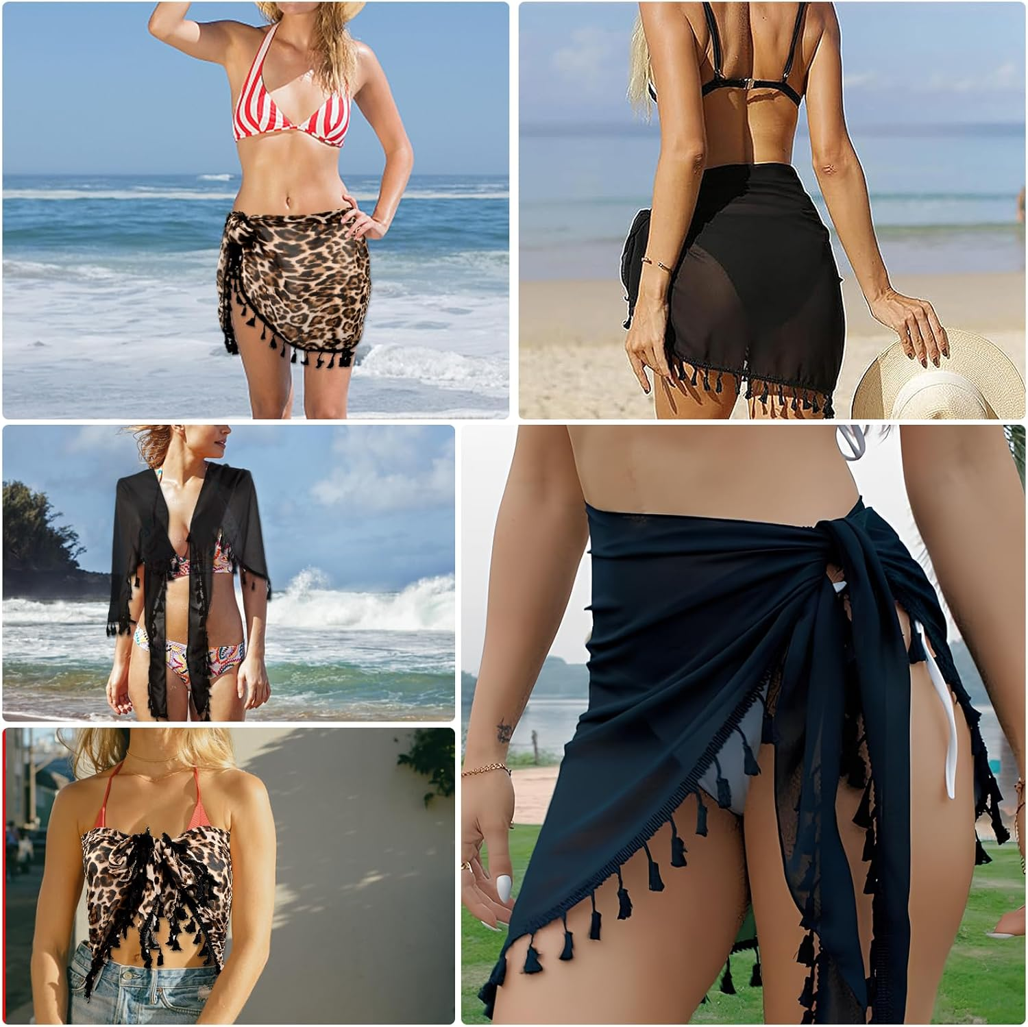 2 Pieces Women Beach Sarong with Tassel, Chiffon Beach Cover up for Women, Swimsuit Wrap Pareo for Bikini, Sexy Short Skirt Beach Cover for Summer Holiday, Black and Leopard image number 5