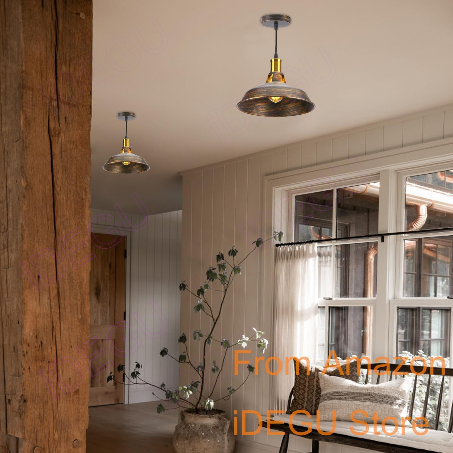 Idegu Pack of 2 Pendant Lights, Retro Pendant Lamp, Industrial Lampshade in Iron, Diameter 27 Cm, Vintage Pendant Light for Kitchen, Dining Room, Living Room, Bedroom, Hallway, Restaurant (Bronze) image number 6