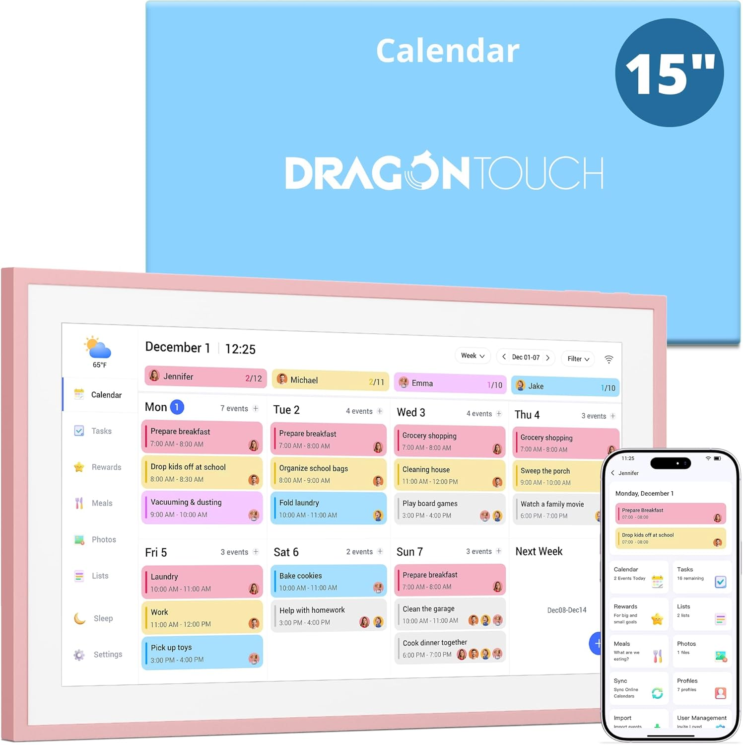 Dragon Touch 15.6" Digital Calendar Chore Chart &ndash; 1080P Full HD Interactive Touchscreen, 2026 Smart Family Planner, Hearth Display Digital Calendar Wall & Desk Mountable for Seamless Scheduling with AU Adapter