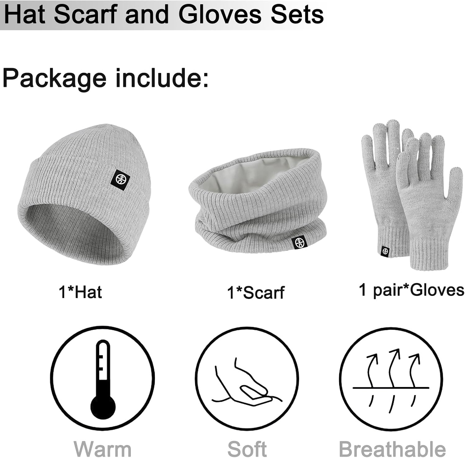 Enwokran 3 In1 Winter Beanie Hat Scarf Gloves Set Thermal Warm Knitted Beanie Cap Soft Fleece Brushed Inner Lining Elastic Circle Neck Warmer Thicken Touchscreen Gloves Winter Set - Light Grey image number 4