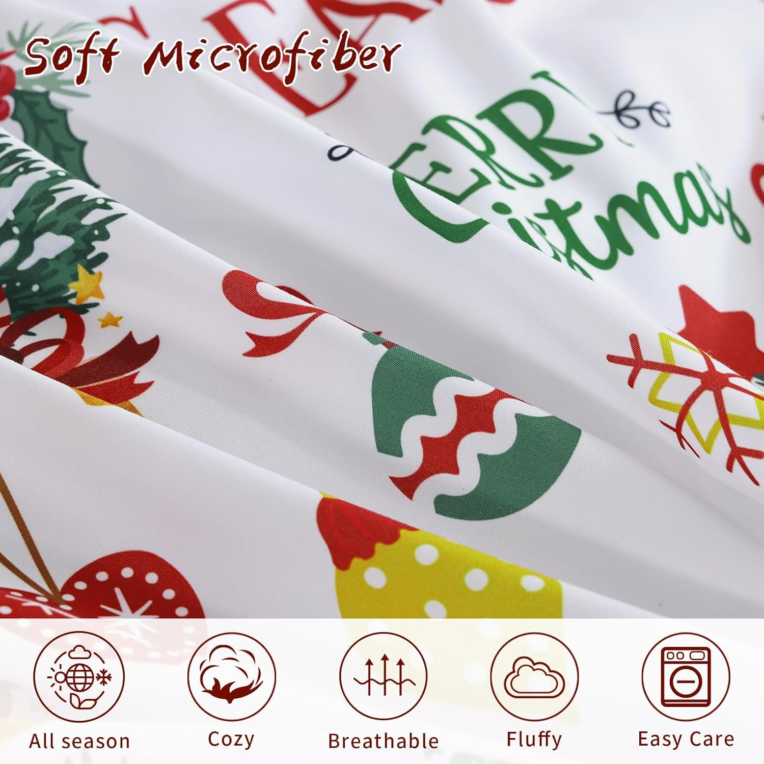 Christmas Duvet Cover Set Queen Wreath Christmas Tree Poinsettia Bedding Set, 3 Piece Soft Microfiber Rustic Green White Winter Holiday Duvet Cover Festival Decor (Zipper Closure,90''X90'') image number 3