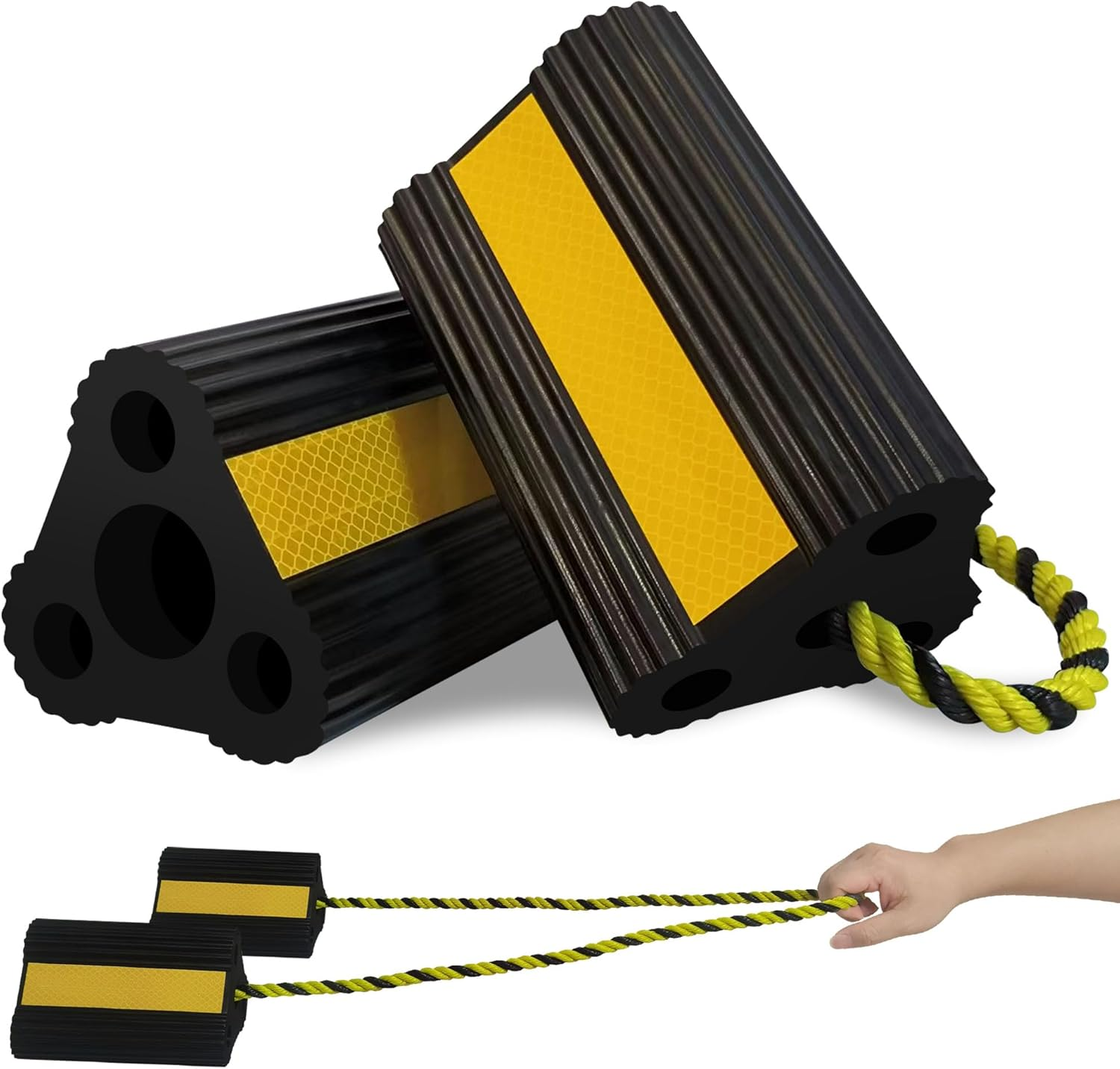 Wheel Chocks [1Pair/2Pack with Rope] for RV Trailer Camper Truck Car, Heavy Duty Rubber Tire Block with Reflective Strips, Non-Slip Base, Camper RV Accessories image number 6