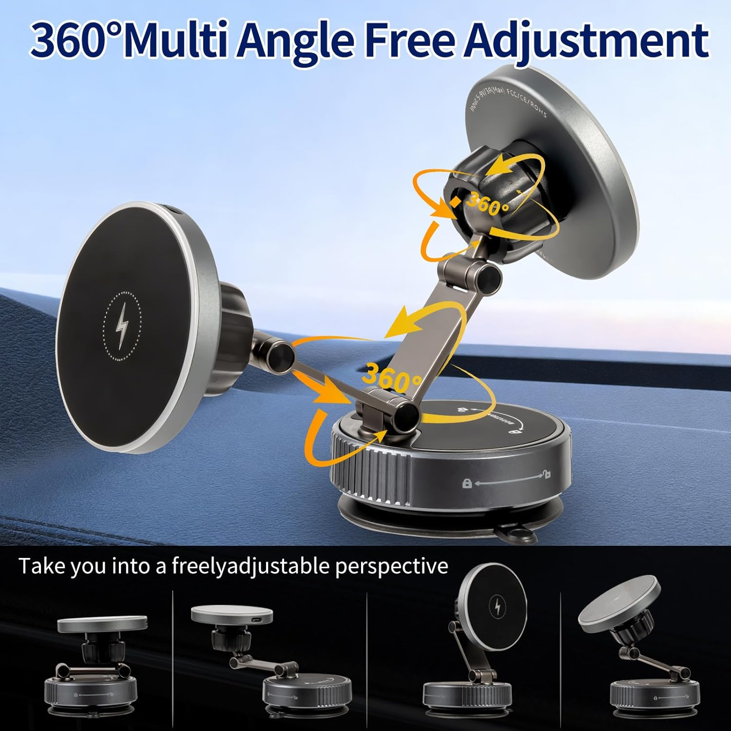 Car Phone Holder Charger-15W Fast Wireless Charging, 360&deg; Rotation Adjustable Magsafe Car Mount, 120LBS Strongest Vacuum Suction, 2800Gf Strong Magnetic Phone Holders for Iphone & Android image number 2
