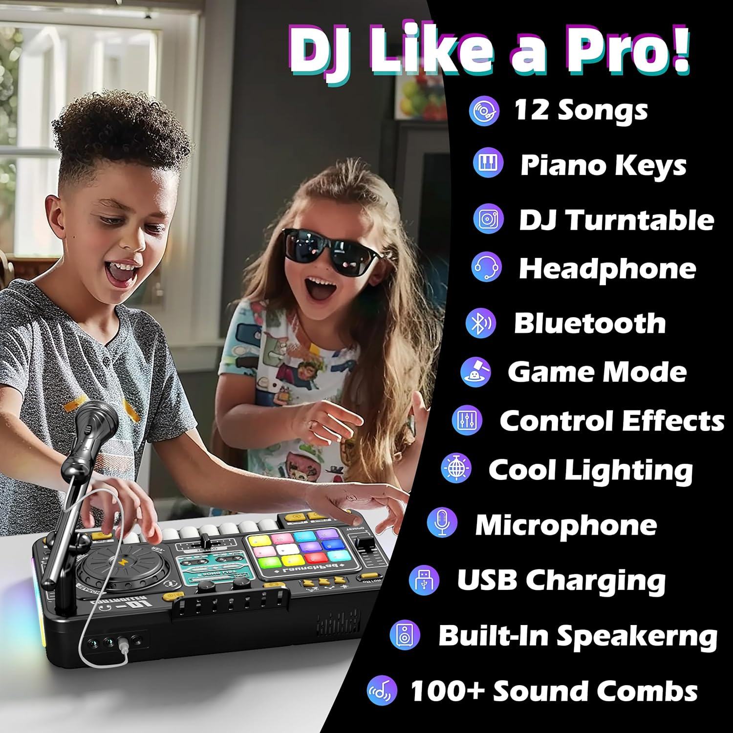 Kids DJ Mixer Table Age 3 4 5 6 7 8, Music Toys with Piano Keys, DJ Turntable, Reaction Music Games, Bluetooth - Kids Musical Instruments Gifts for Boys Girls for Birthday, Christmas, New Year image number 6
