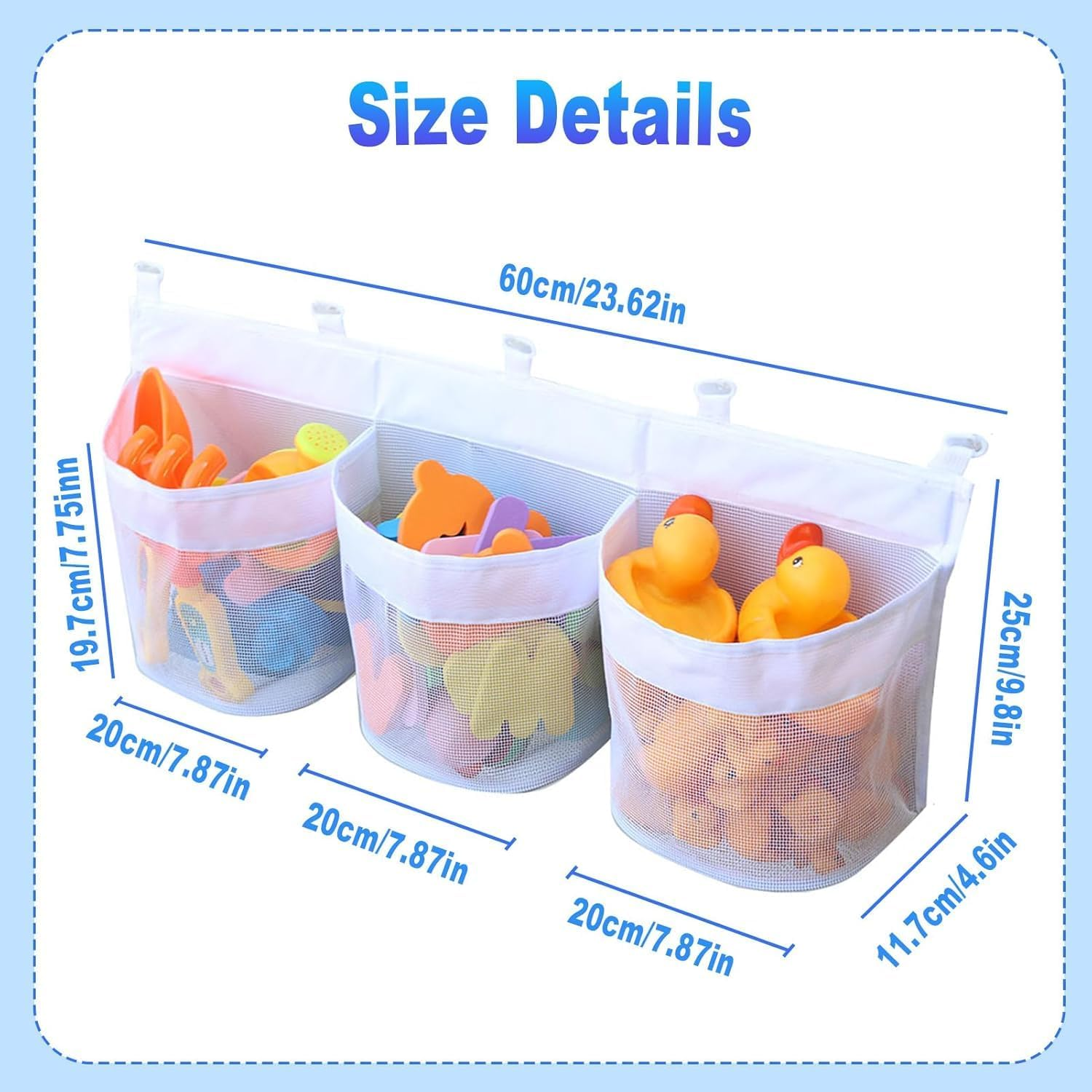 Toy Storage Bags, Hanging Bath Toy Storage Basket, Bath Toy Mesh Bag Bathtub Toy Bag with 5 Ultra Strong Hooks, Bath Toy Holder for Storage and Sorting of Baby Bath Toys (60X25Cm) image number 3