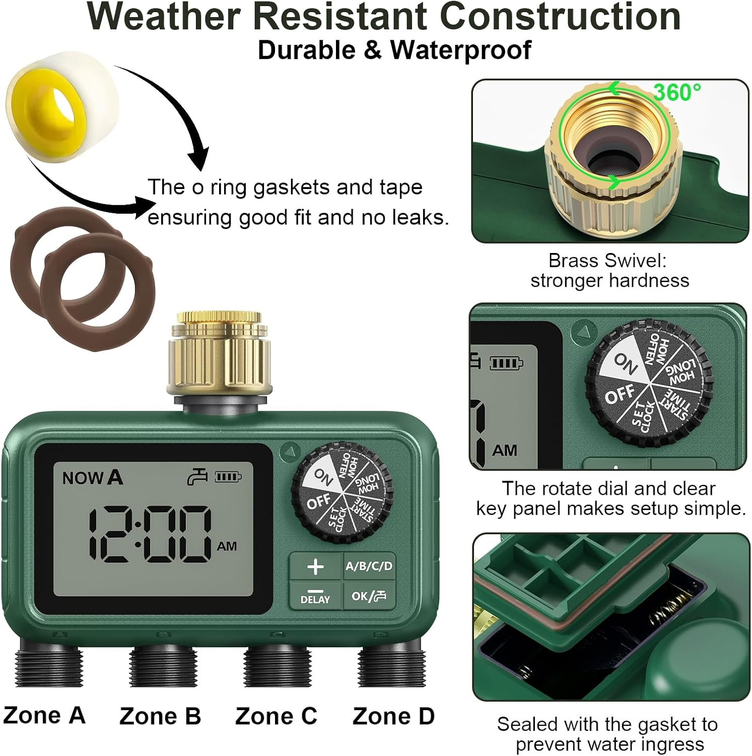 Sprinkler Timer Brass 4 Outlet, Programmable Water Timer for Garden Hose Faucet, Waterproof Gardening Supplies, Automatic Drip Irrigation System Outdoor with Sprinklers for Yard, Lawn, Greenhouse image number 2