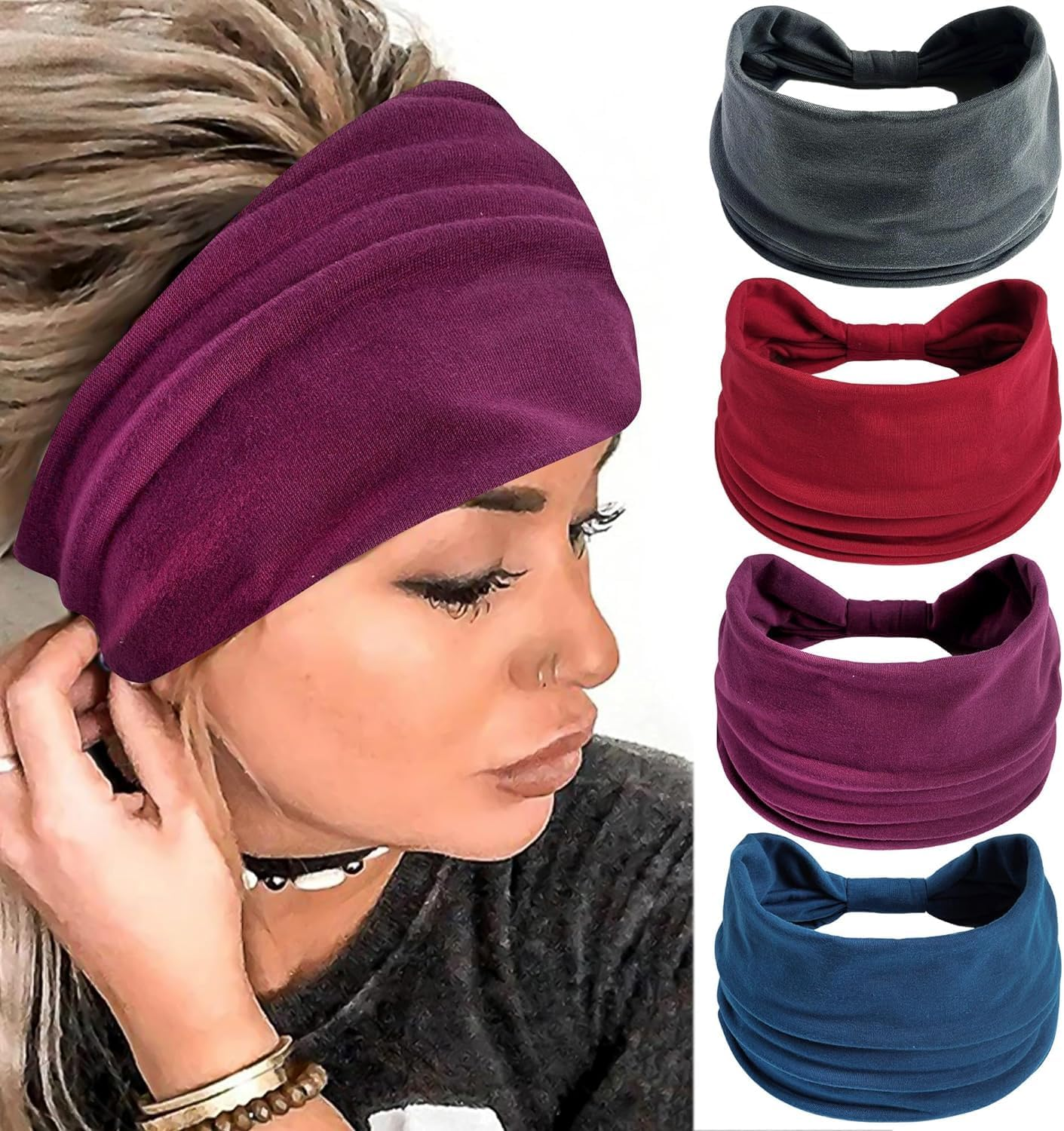 Boho Headbands for Women Wide Knotted Sweatbands Head Bands Stretchy Hair Bands Elastic Non-Slip Yoga Workout Turban Headwrap Hair Accessories (Pack of 4)