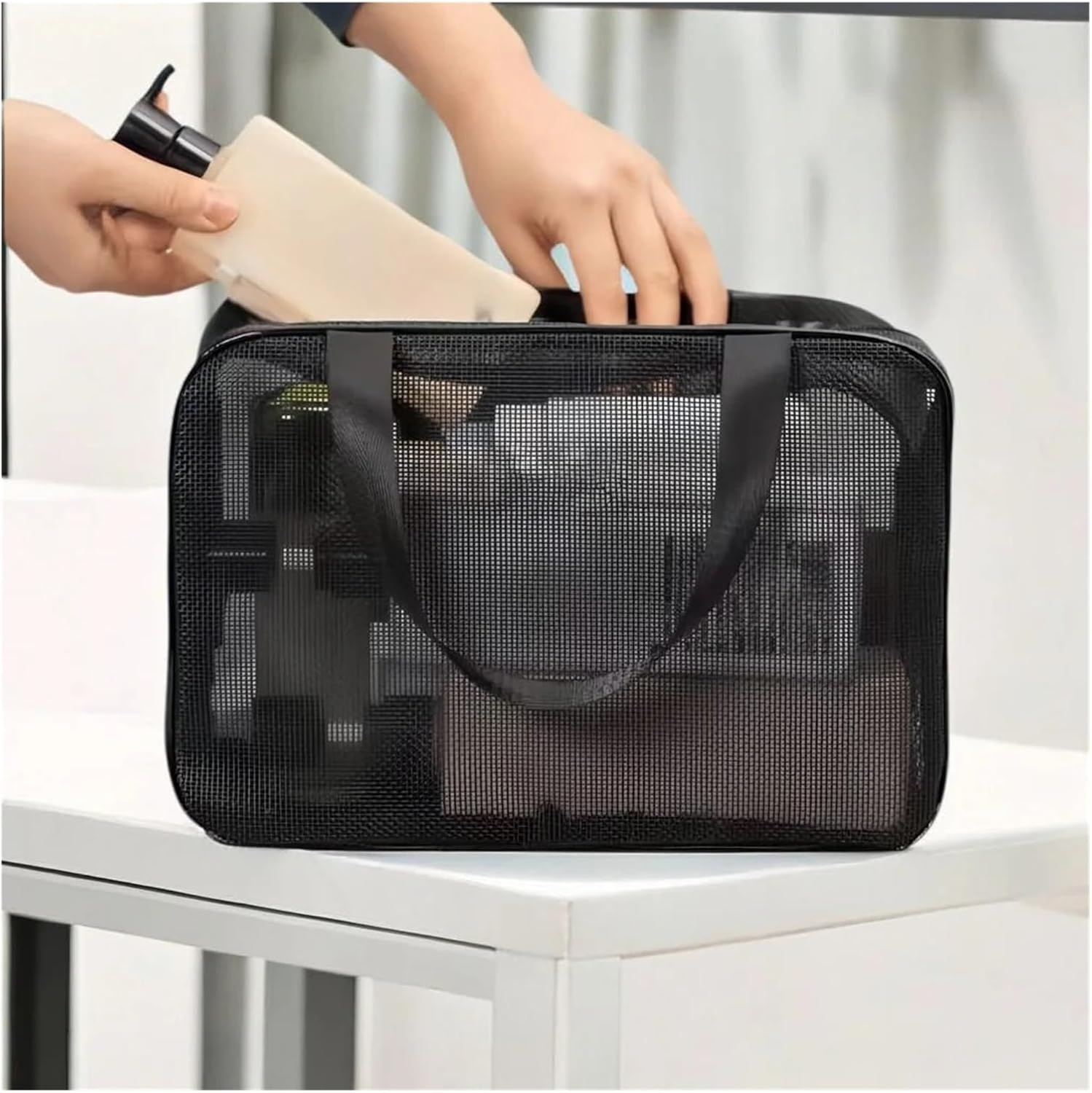 Mesh Shower Caddy Bag with Handle &ndash; Portable Quick Dry Toiletry Organizer for Dorm, Bathroom, Gym, Camping & Travel Essentials(Black,Large) image number 2