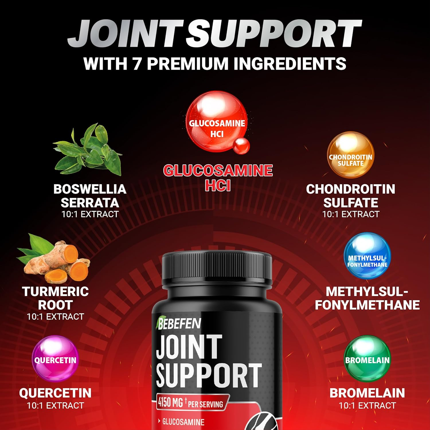 Joint Support Supplement 4150 Mg Equivalent with Glucosamine Hcl, Boswellia Serrata, Chondroitin Sulfate, Turmeric Root, Quercetin, MSM, Bromelain - 90 Capsules