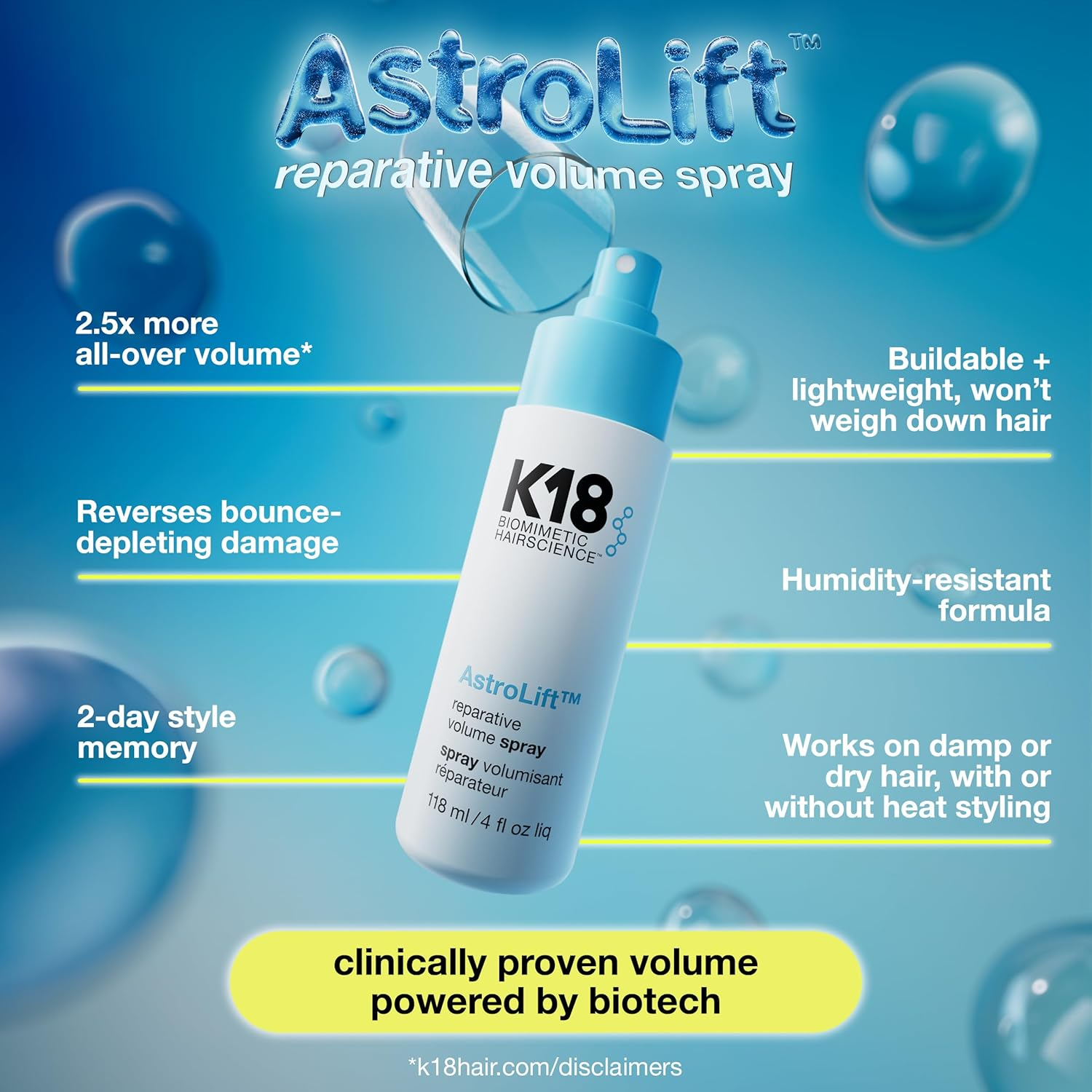 K18 Astrolift Reparative Volume Spray, 2-Day Hair Thickening + Hold for Thin, Fine, Fragile Hair, Non-Sticky, Non-Crunchy, Humidity-Resistant Volumizing Spray, 4 Fl Oz image number 1