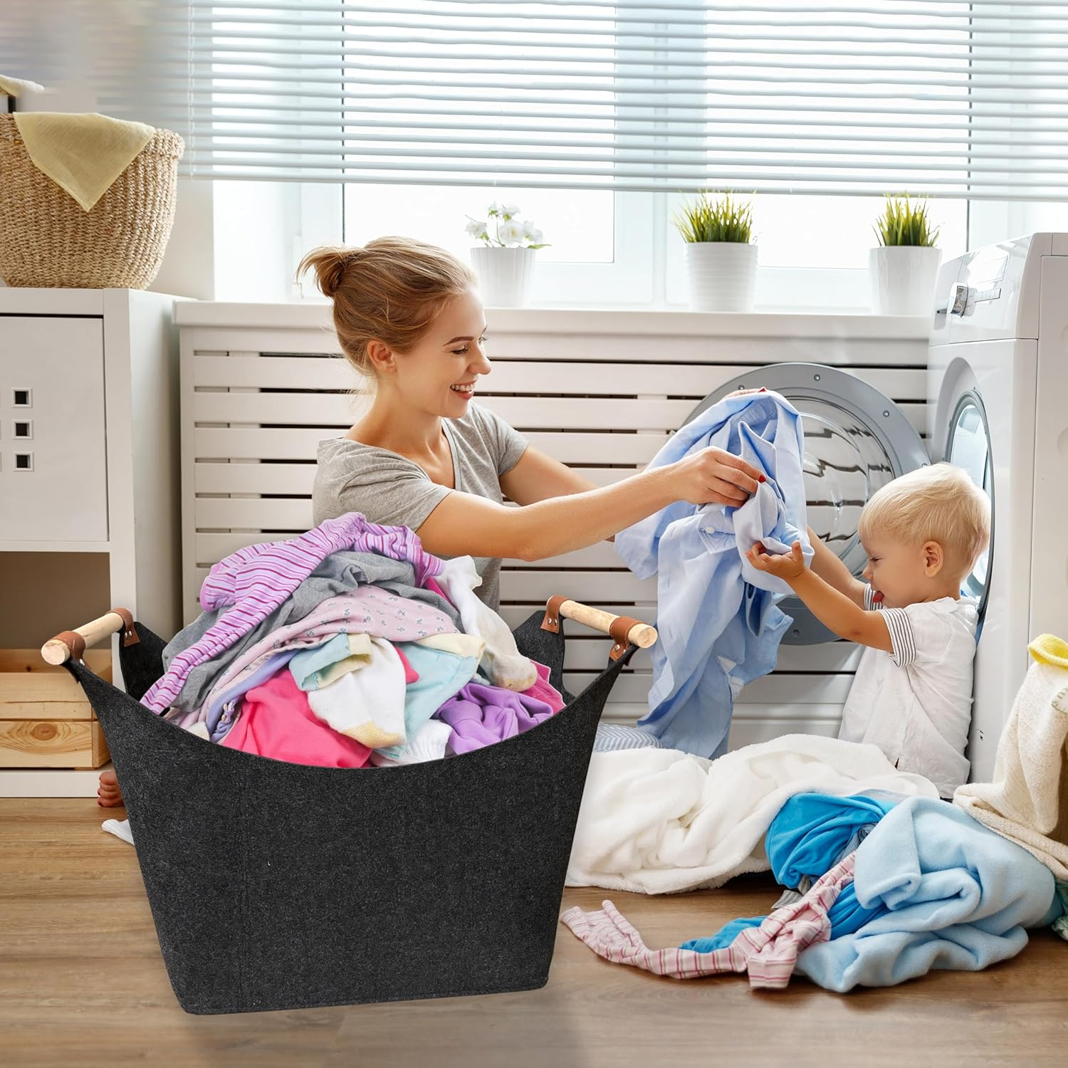 Log Basket, XL Felt Firewood Baskets Extra Thick and Foldable Log Basket for Wood Burner Indoor with Extended Handles for Fireplace Accessories, Shopping, Books, Toy, Clothes image number 1