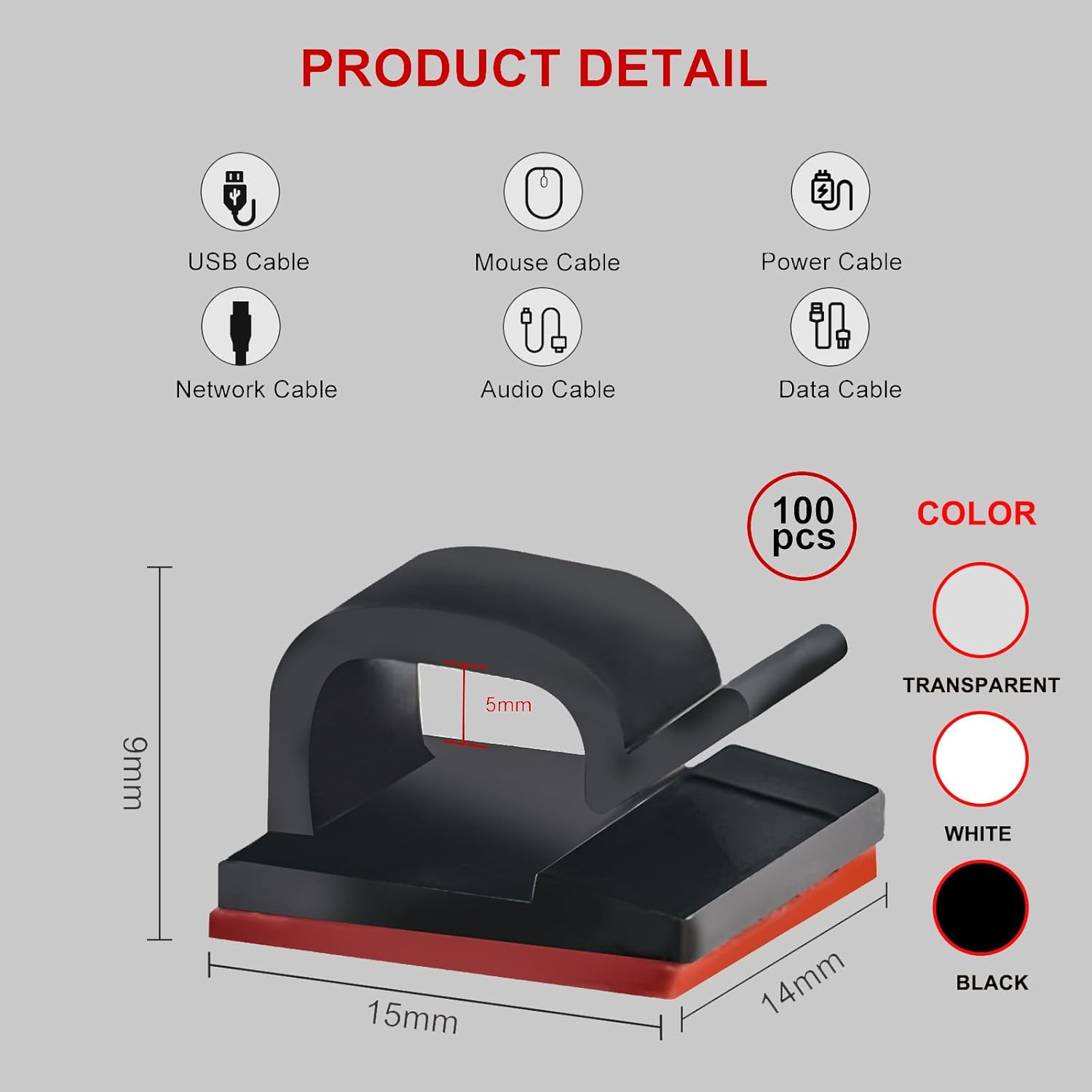 100 Pcs Adhesive Cable Clips, Cable Management for Walls, under Tables, Christmas Lights, Cars, Dash Cams, Ethernet, Electronics(Black) - Transparent image number 3