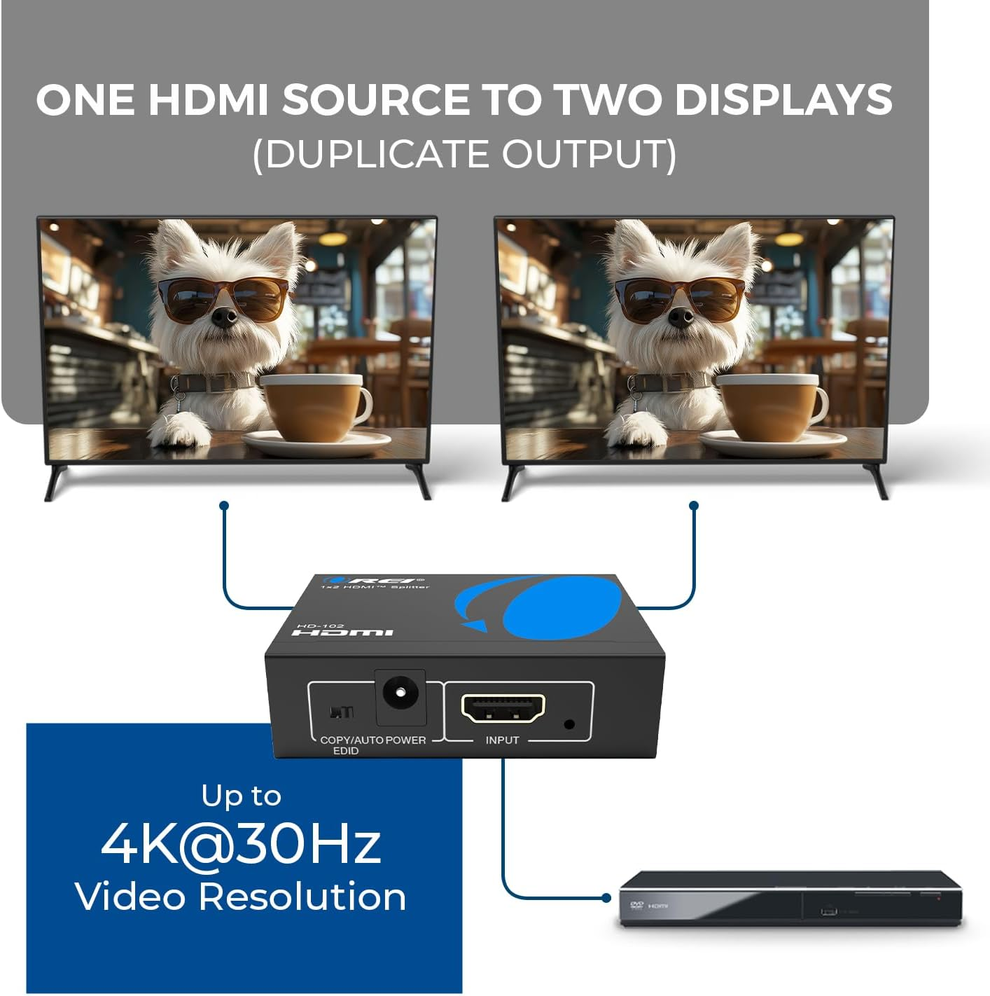 OREI HDMI Splitter 1 in 2 Out 4K - 1X2 HDMI Display/Mirror - Powered Splitter Full HD 1080P, 4K @ 30Hz (One Input to Two Outputs) - USB Cable Included - 1 Source to 2 Identical Displays image number 5