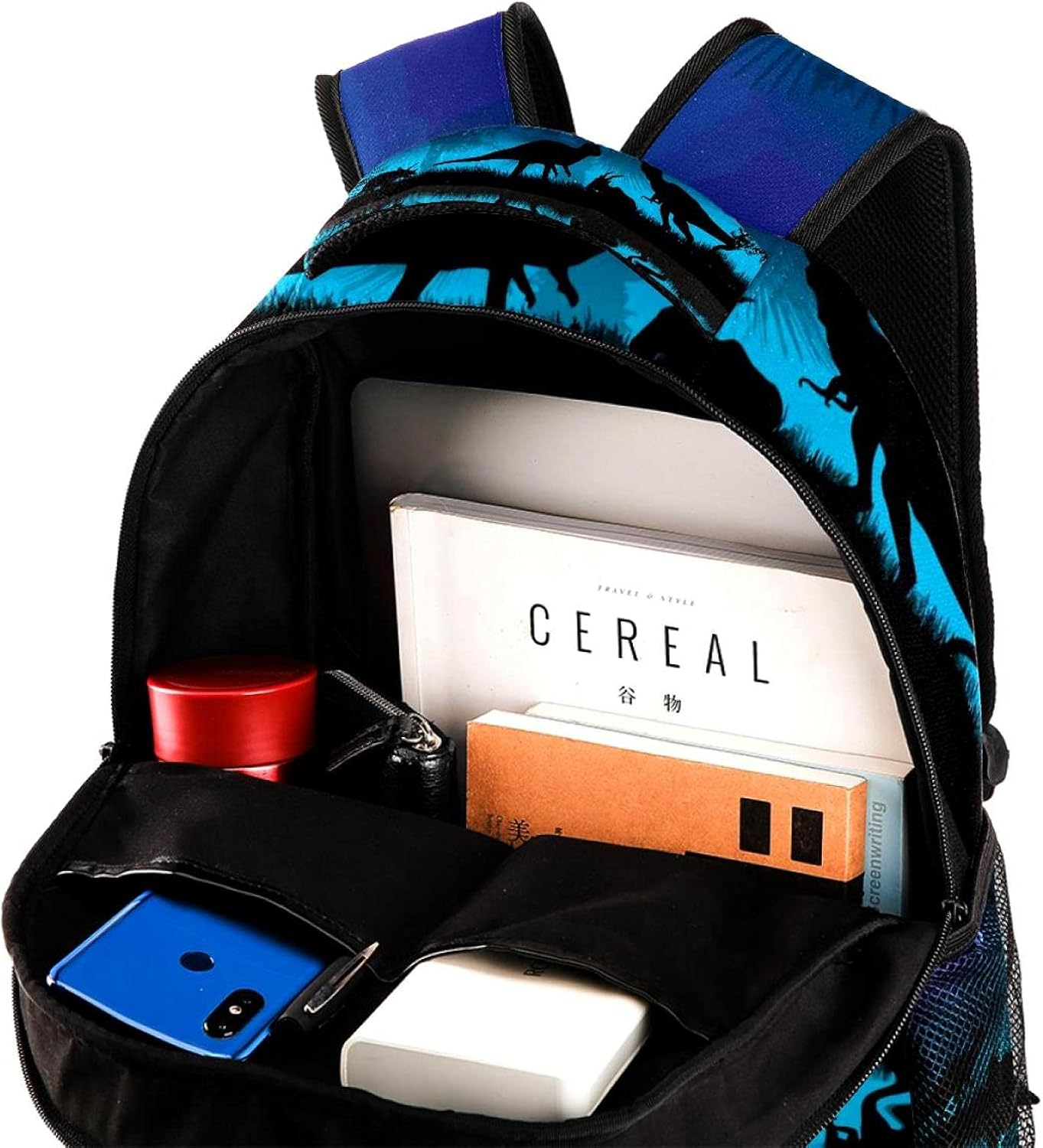 Dinosaurs Silhouettes at Blue Night near Water Backpack Students Shoulder Bags Travel Bag College School Tote Backpacks image number 3