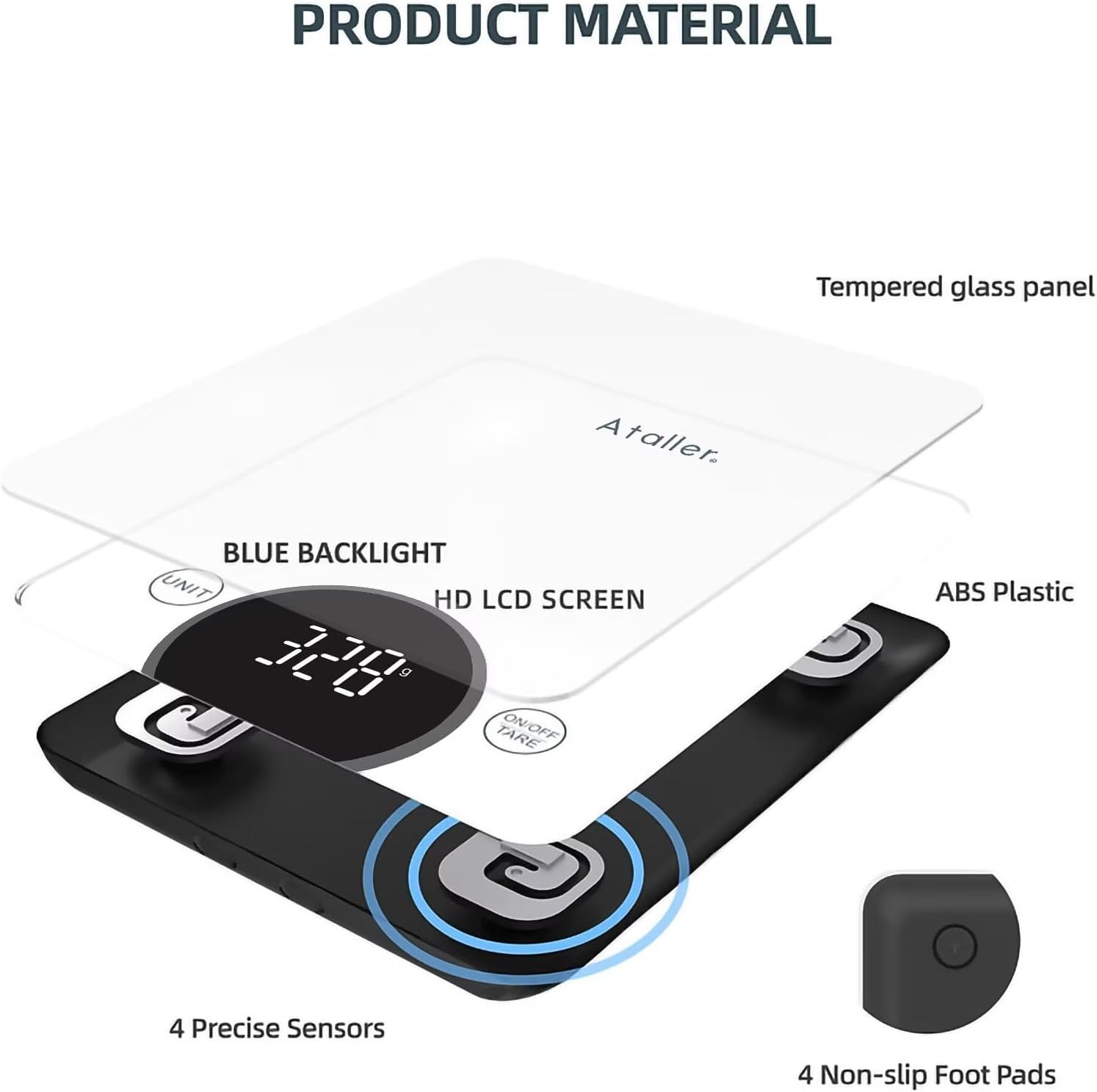 Ataller Digital Food Scale, Tempered Glass Panel, 10Kg/22Lb Capacity, Kitchen Weighing Scales with LED Display and 1G Increments for Baking, Cooking, Keto and Meal Prep, White