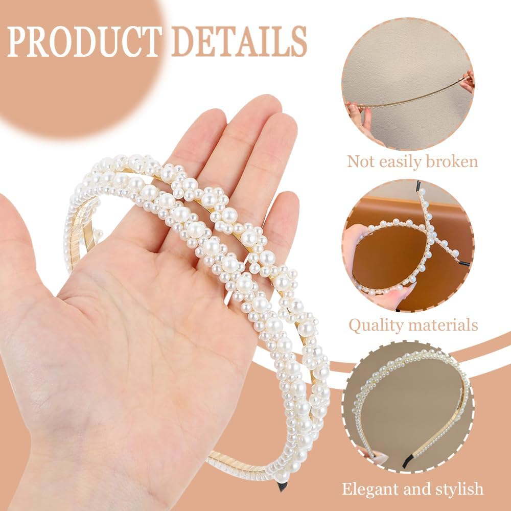 TRKETK Pack of 3 Pearl Headband White Faux Pearls Women'S Headband and Headpiece Elegant Retro Wedding Hairstyles Accessories for Wedding Birthday Party Valentine'S Day Gifts image number 2