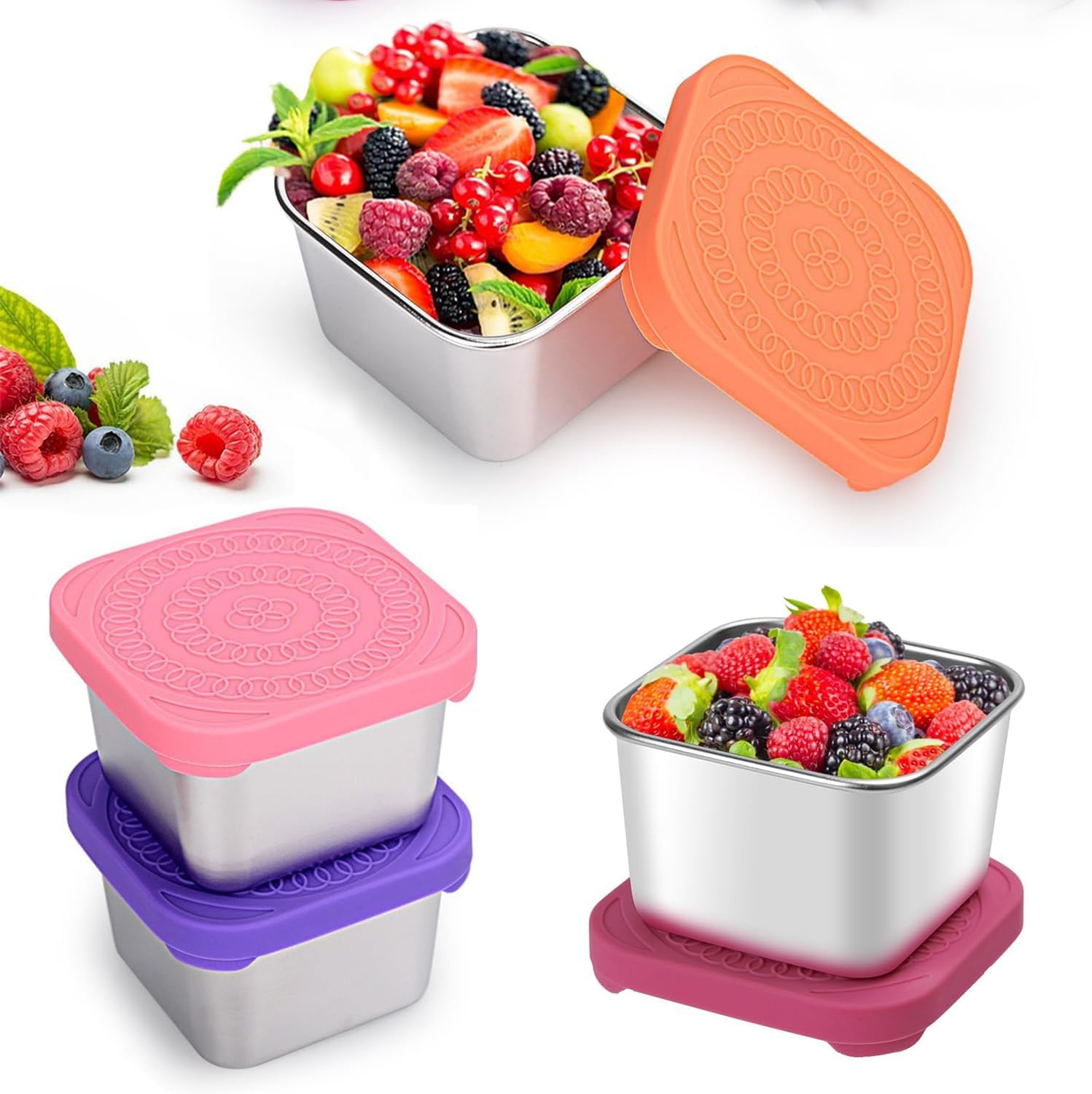 4 Pack Stainless Steel Snack Containers, Leak Proof Food Storage Containers Metal Kids Snack Containers with Silicone Lids, for Daycare, School Travel(6Oz) (Pink, Orange, Rose Red, Purple)
