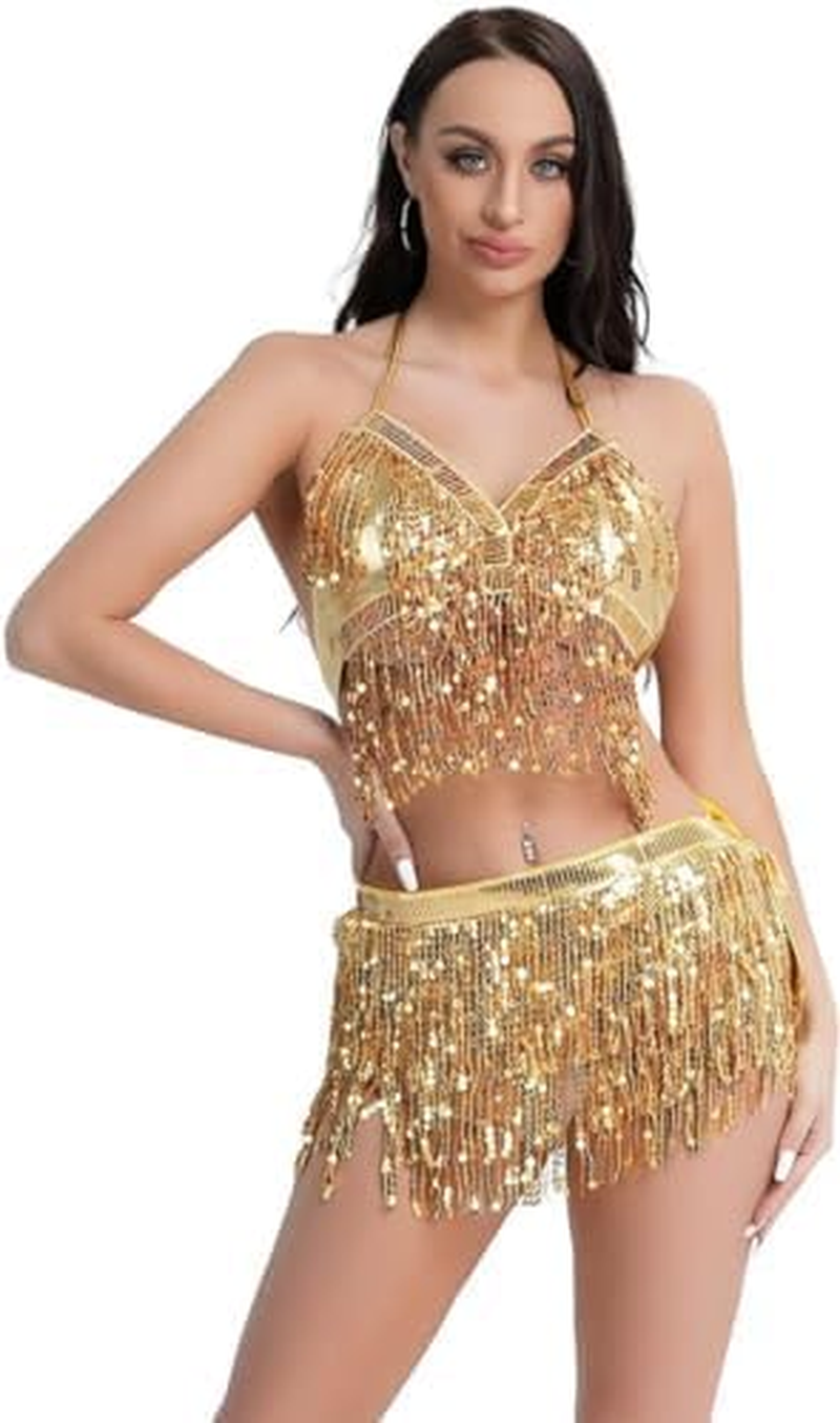 Women'S Belly Dance Skirt with Crop Top Sparkle Festival Outfits Latin Ballroom Costume Clubwear image number 4