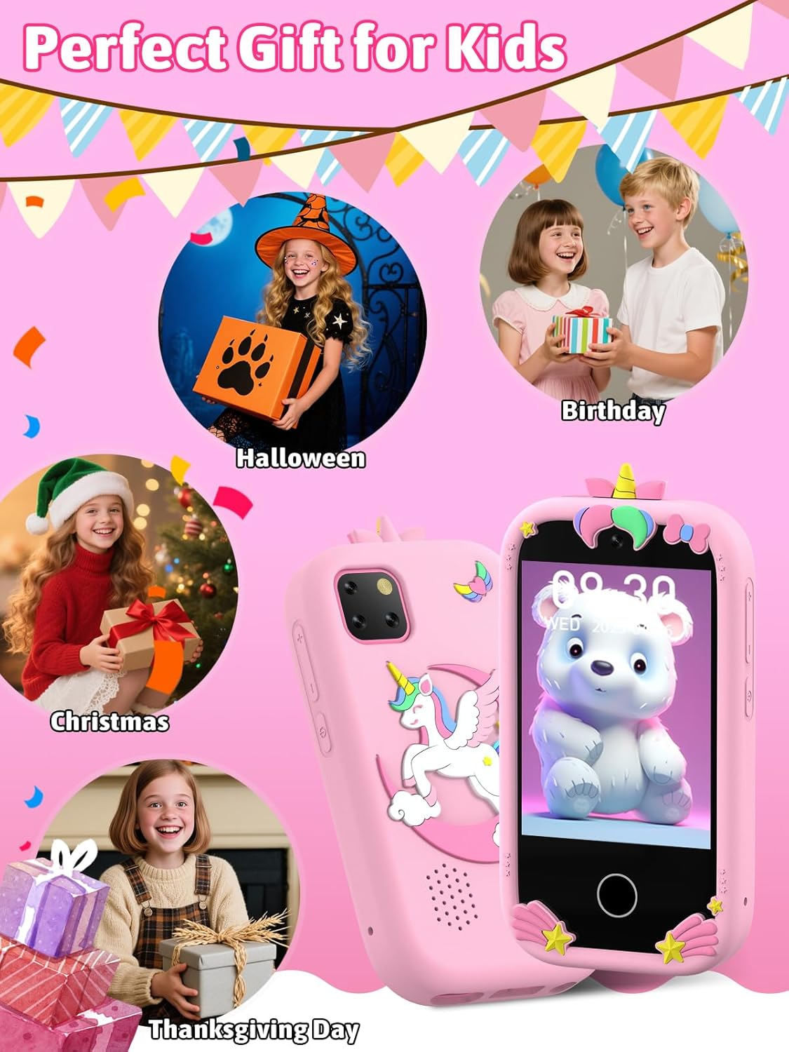 Mgaolo Kids Phone Smartphone Toy, 2.8" Touchscreen Smart Phone, Toddler Educational Learning Gift for Boys Girls Age 3-8, Games, Dual Cameras, Music Video Player, Christmas Birthday Present (Pink) - Green image number 6