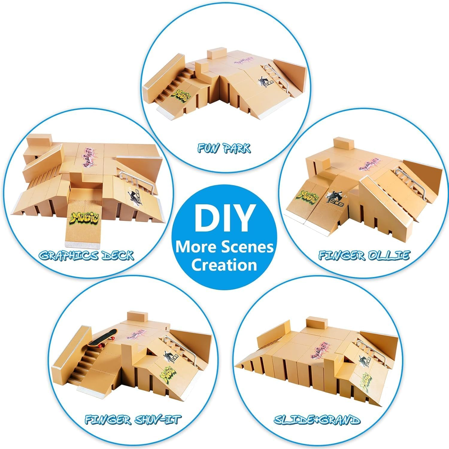 APEXORIGIN Fingerboard Skate Park Kit, Skateboard Finger Toys with 3 Finger Skateboards & 8 Skatepark Deck Ramp for Mini Finger Board Skate Training (Brown) image number 1