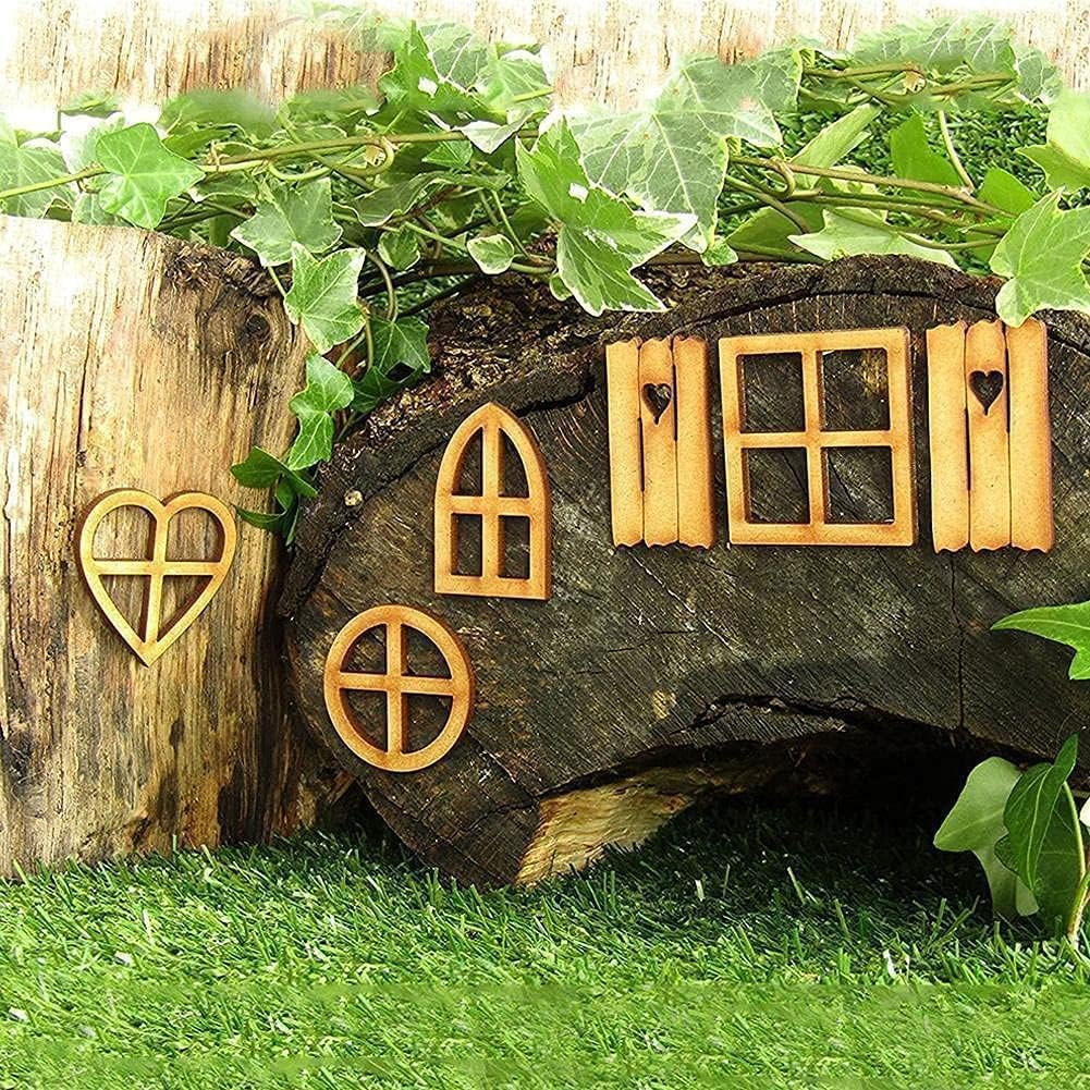 Htppzjr Wooden Fairy Garden Door, Blank Door Fairy House Door and Windows Ornaments Tree Statues for Tree Trunk Yard Decoration, 6Pcs image number 1