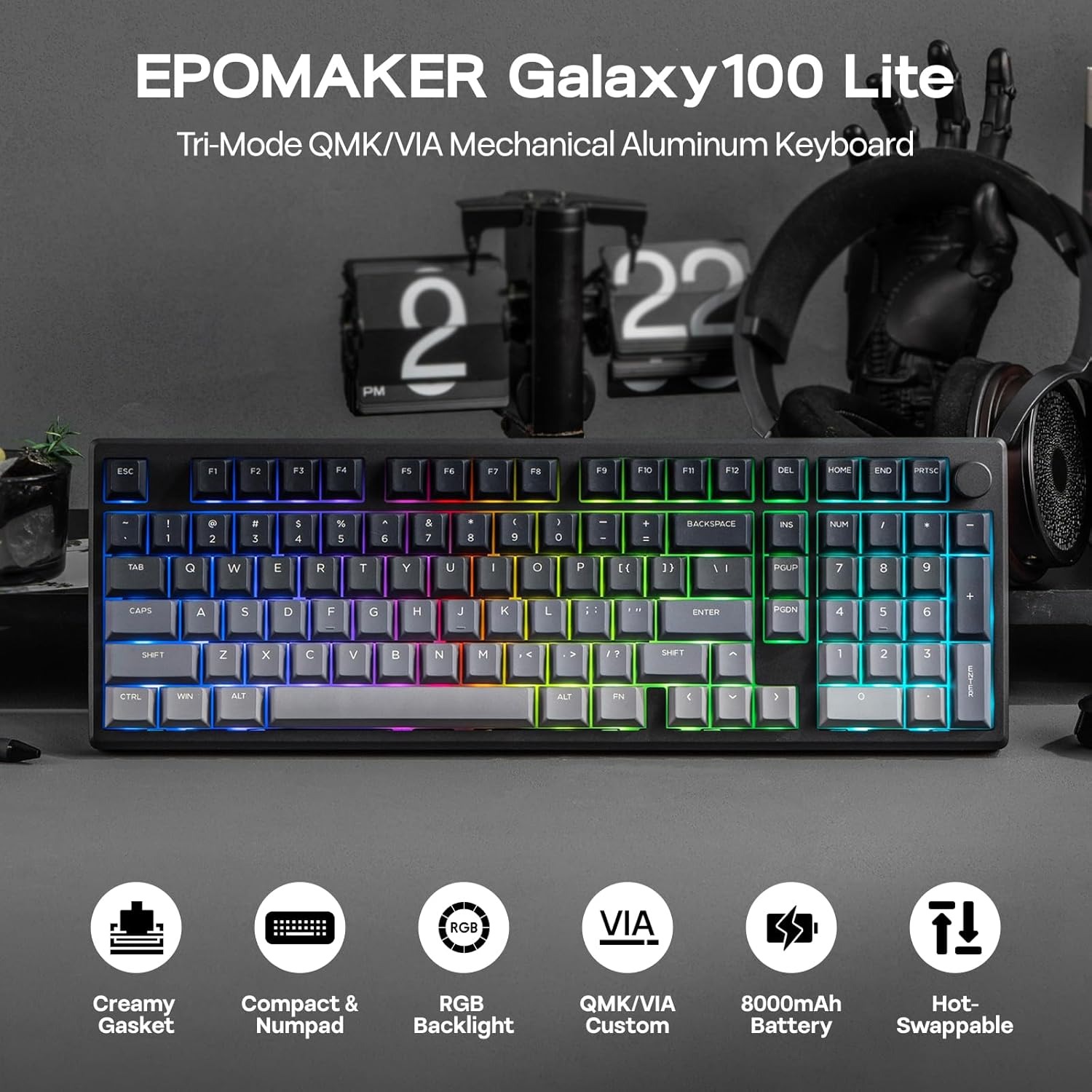 EPOMAKER Galaxy100 Lite QMK/VIA Gaming Keyboard with 8000Mah Battery and Numpad, 1800 Aluminum Mechanical Keyboard, Usb-C/Bt/2.4Ghz, Hot-Swap, Creamy Sound (Black, Wisteria Linear Switch) image number 3