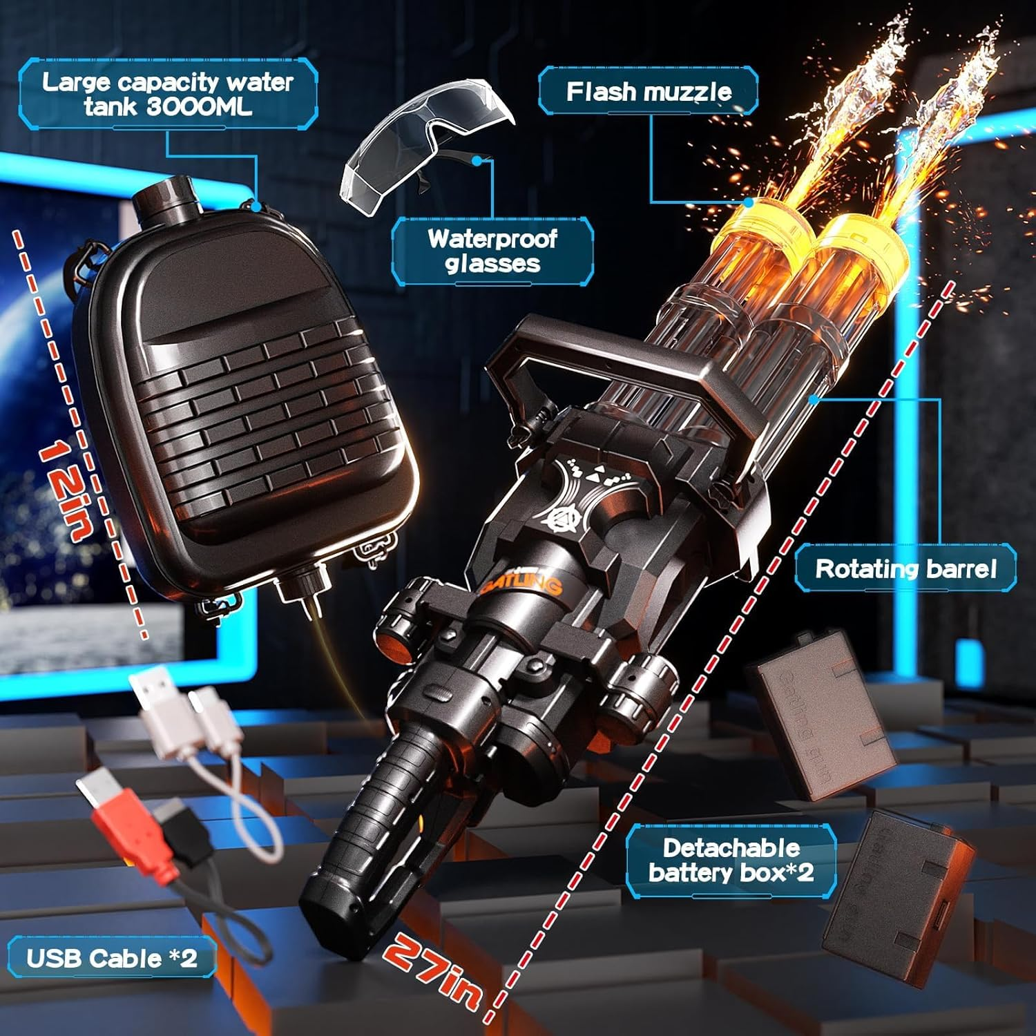 Gatling Electric Water Gun, New Double Barrel Gatling Water Guns with Rotating and LED Light,Adult High Power Rechargeable Water Gun with Backpack Tank,Two Batteries,Outdoor Toys for Kids 8-12 image number 3