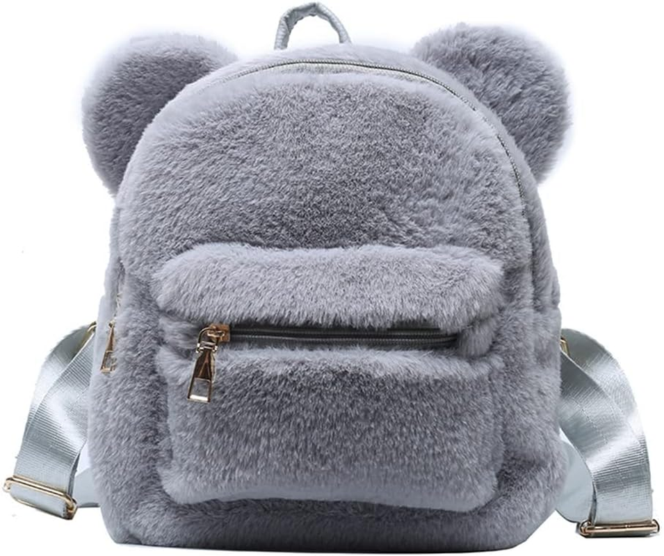 Cute Fuzzy Bear Ears Backpack Kawaii Soft Fluffy Casual Daypack Mini Shoulder Bag Purse for Girls