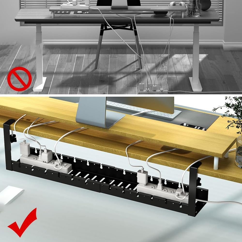 MTSDM Extendable under Desk Cable Management Tray with No Drill Clamp, 12-21.6 Inch Metal Cable Management Tray, Power Strip Cord Holder for Home Office Vertical Desk Wire Management image number 4