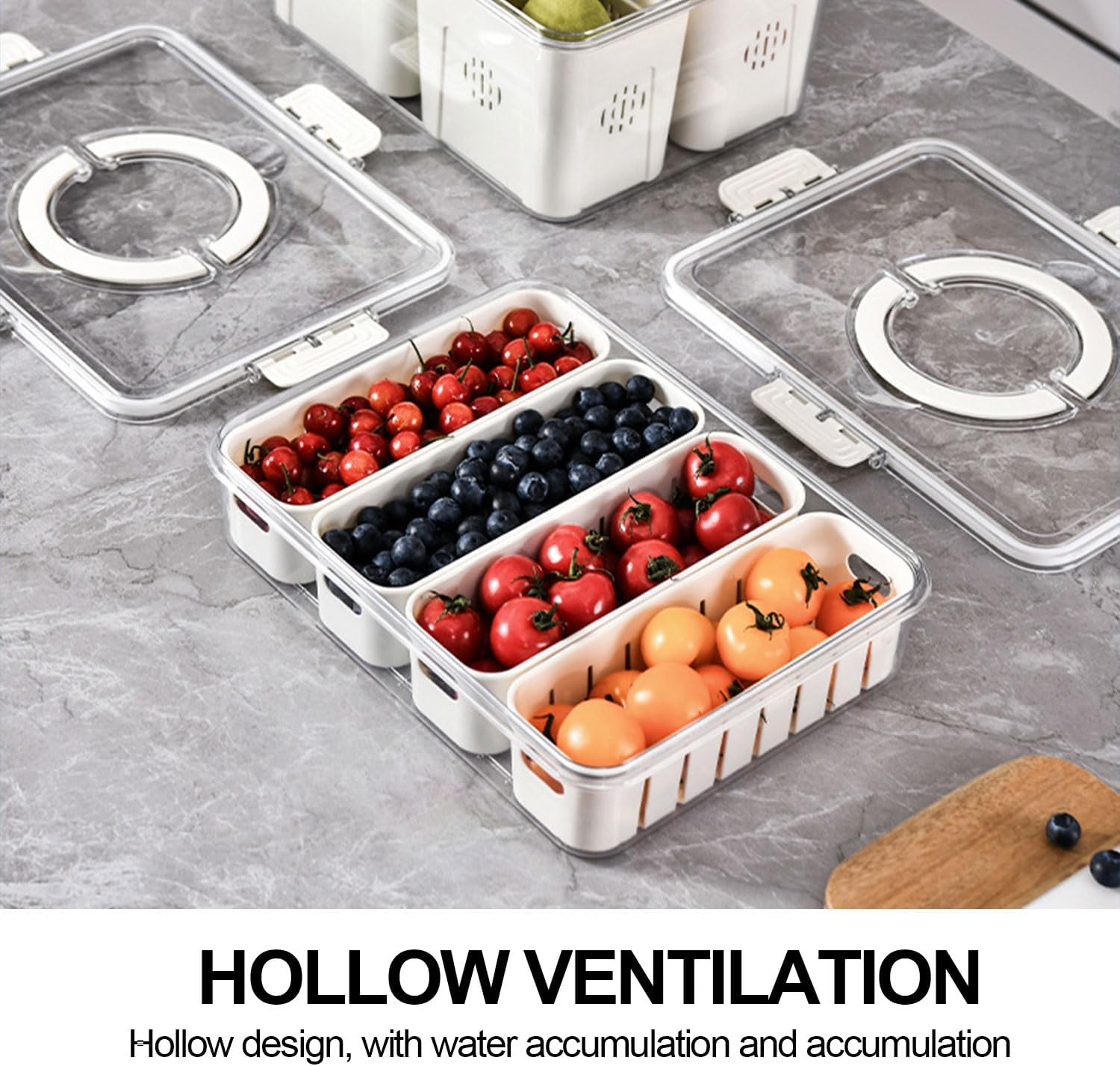 Divided Serving Tray with Lid and Handle, Storage Containers for Fridge, Snack Platters Organizer, Fruit Plate, Fresh -Keeping Box Is Suitable for Fruits, Vegetables, Refrigerators, Picnics (4 Grid) image number 6